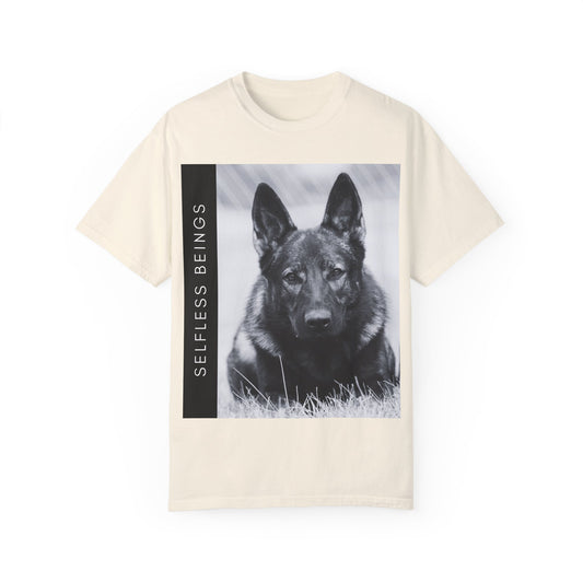 Unisex Dog Lover T-Shirt With a Working Line German Shepherd Resting on the Grass and Caption Selfless Beings