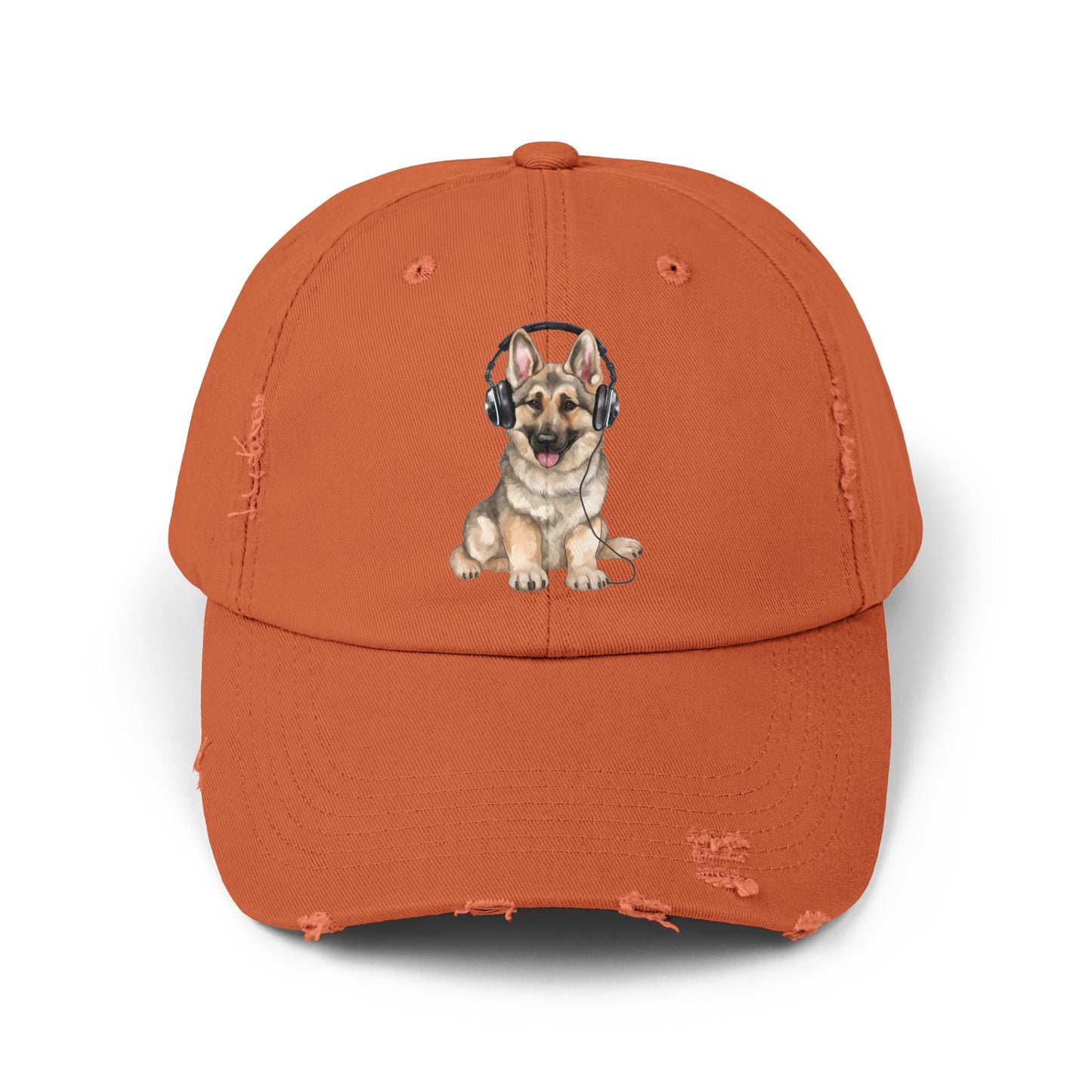 Distressed Dog Cap with German Shepherd Wearing Headphones | Pet Lover Gift | Adjustable Cap
