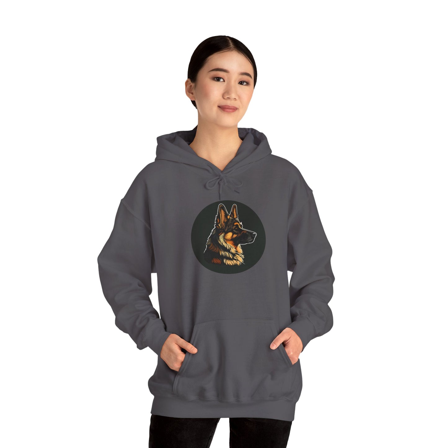Unisex Dog Lover Hoodie With a Close Up Graphic of a German Shepherd Inside a Black Circle