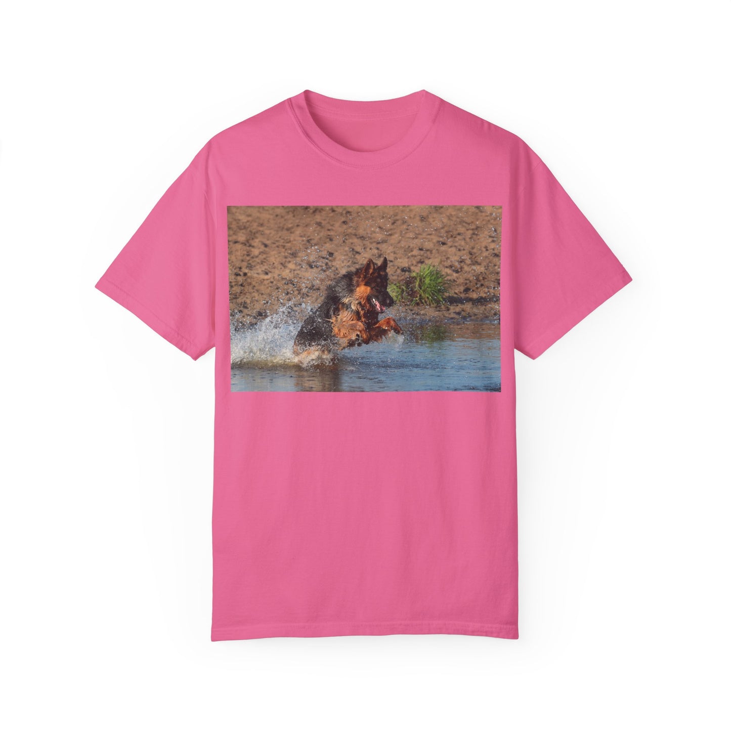 Unisex Dog Lover T-Shirt With Giant German Shepherd Jumps in the River