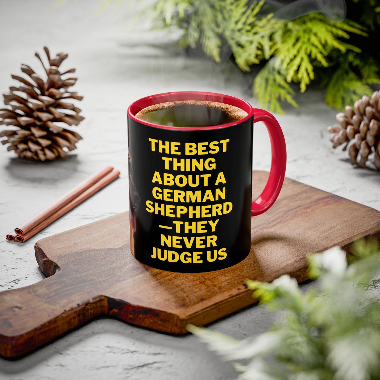 Ceramic Dog Lover Mug With Photo of German Shepherd and Quote - They Never Judge Us