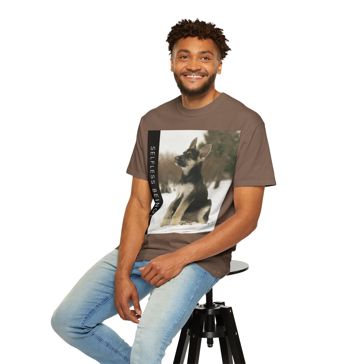 Unisex Dog Lover T-Shirt With a German Shepherd Puppy Sloppily Sitting on the Snow and Caption Selfless Beings