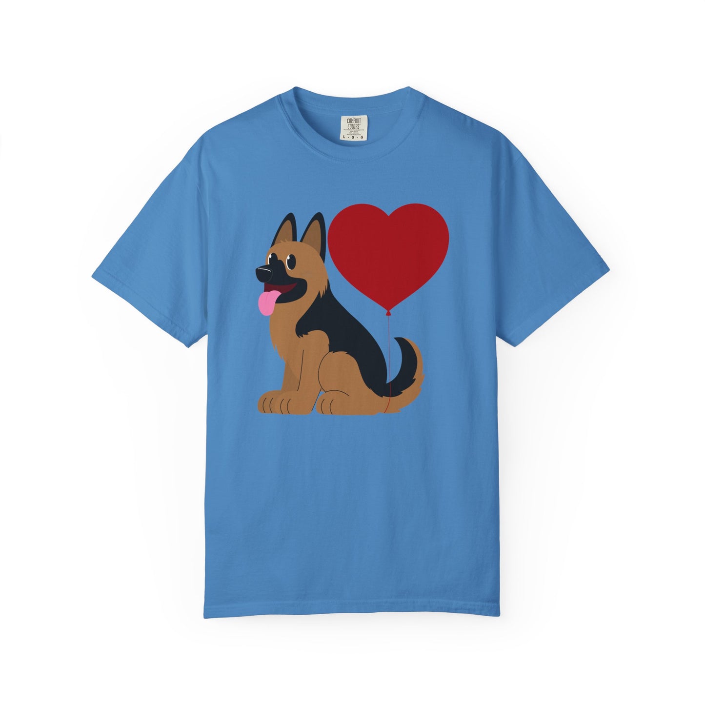 Unisex Dog Lover T-Shirt With a Graphic of German Shepherd Puppy and Heart Shaped Balloon Attached With Tail