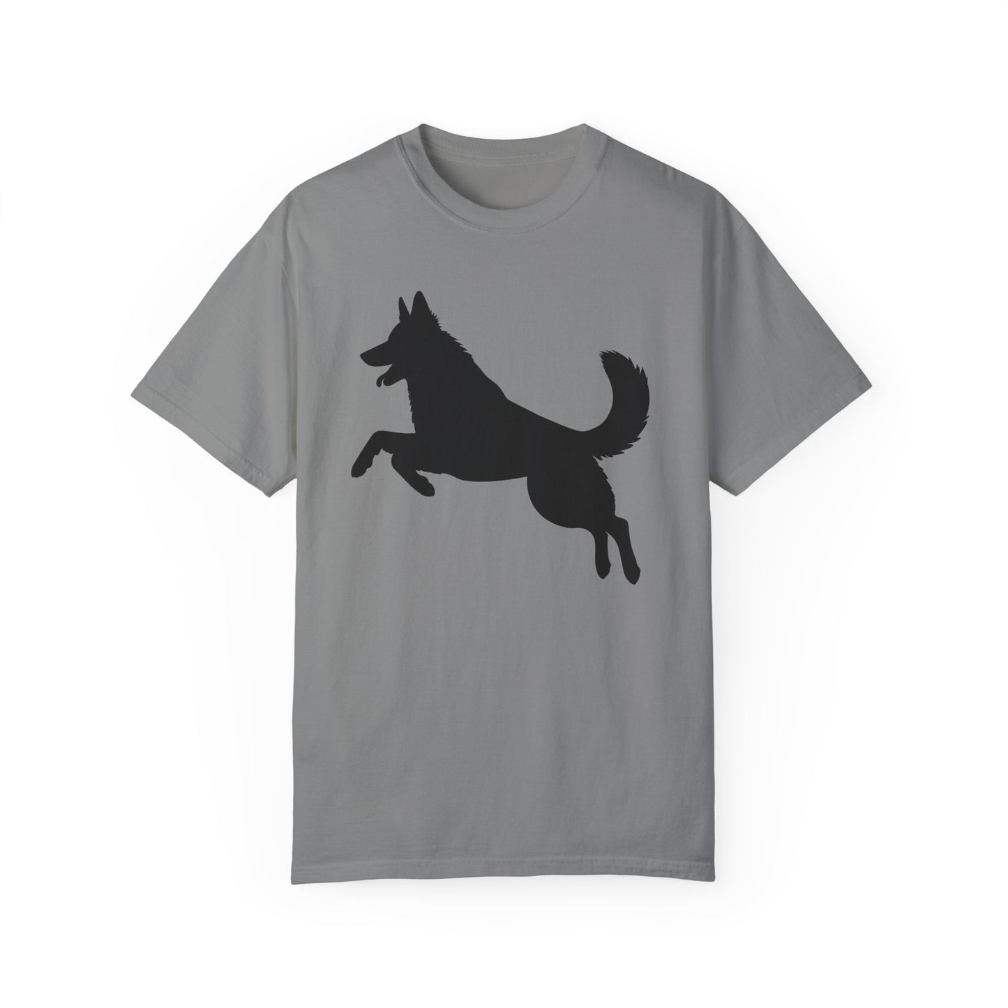 Unisex Dog Lover T-Shirt With a Graphic of Solid Black German Shepherd Jumping in the Air