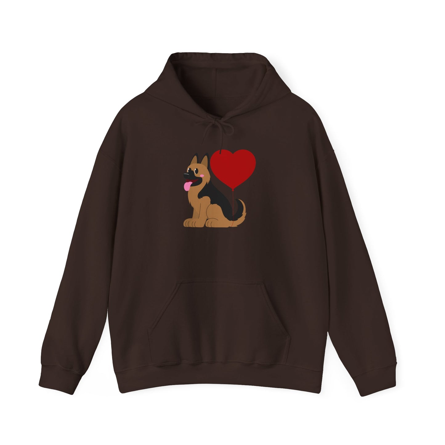 Unisex Dog Lover Hoodie With a Graphic of German Shepherd Puppy and Heart Shaped Balloon Attached With Tail