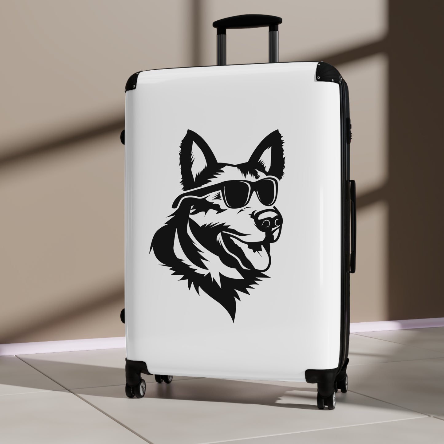 Dog Lovers Suitcase Featuring Graphic of German Shepherd Wearing Black Glasses