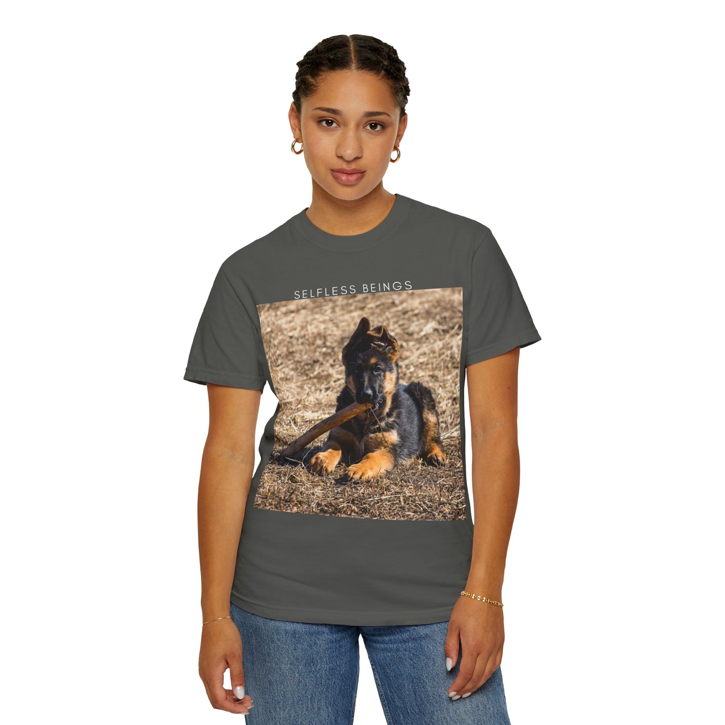 Unisex Dog Lover T-Shirt With a German Shepherd Puppy Playing With Wooden Stick on Dry Grass and Caption Selfless Beings