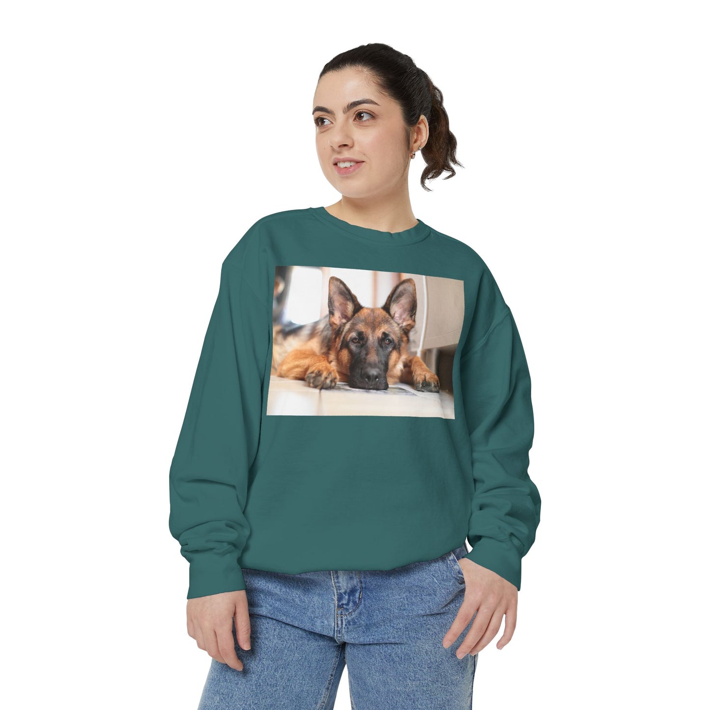 Unisex Dog Lover Sweatshirt With a German Shepherd Lying His Head on the Floor