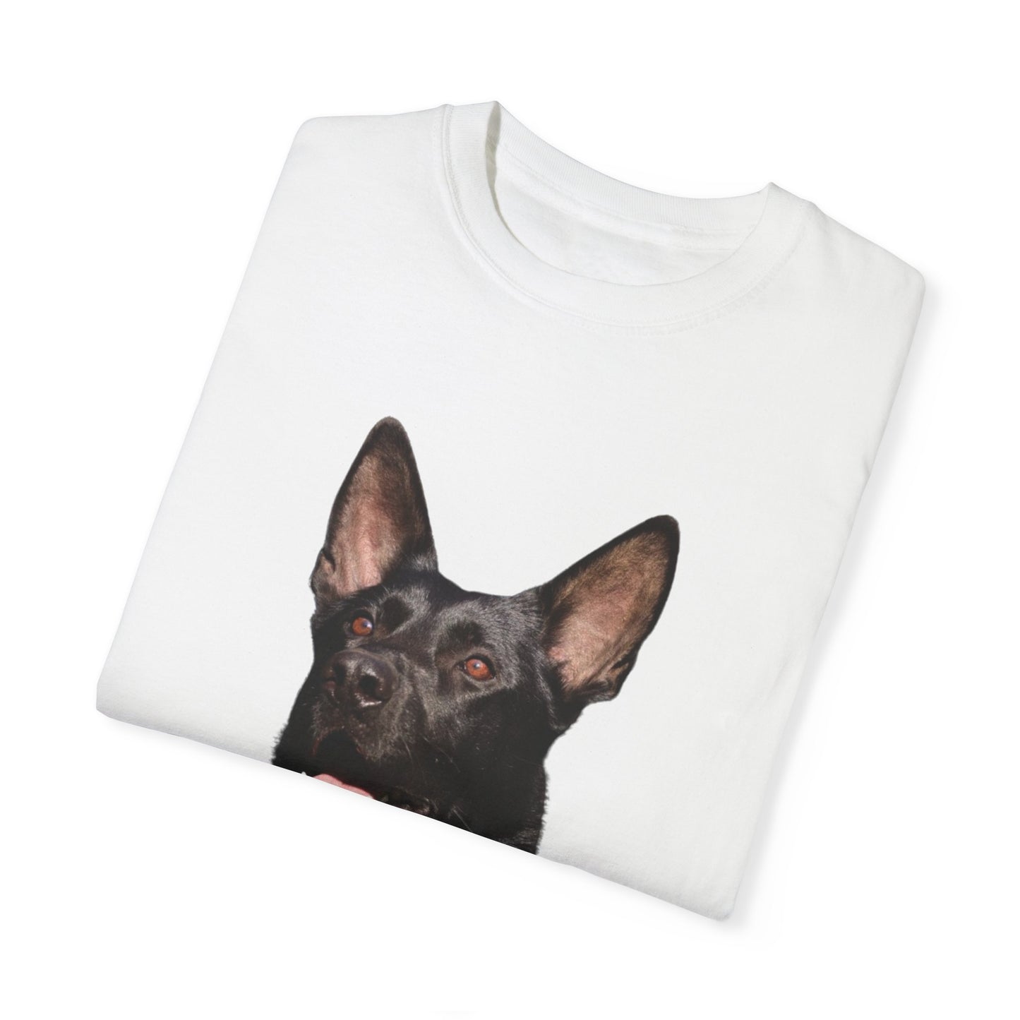 Unisex Dog Lover T-Shirt With Solid Black Working Line German Shepherd Mouth Opened and Caption Stay Strong