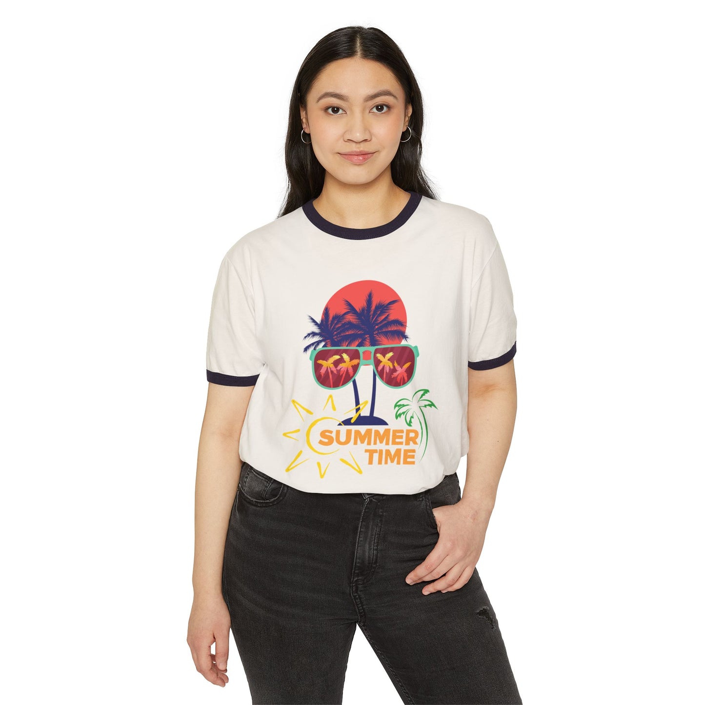 Summer Vibes Unisex Cotton Ringer T-Shirt, Fun Tropical Tee, Beachwear, Vacation Shirt, Gift for Him/Her, Summer Time Design