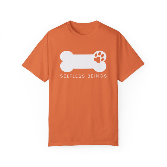 Unisex Dog Lover T-Shirt With Dog's Paw Print Inside a Bone and Caption Selfless Beings