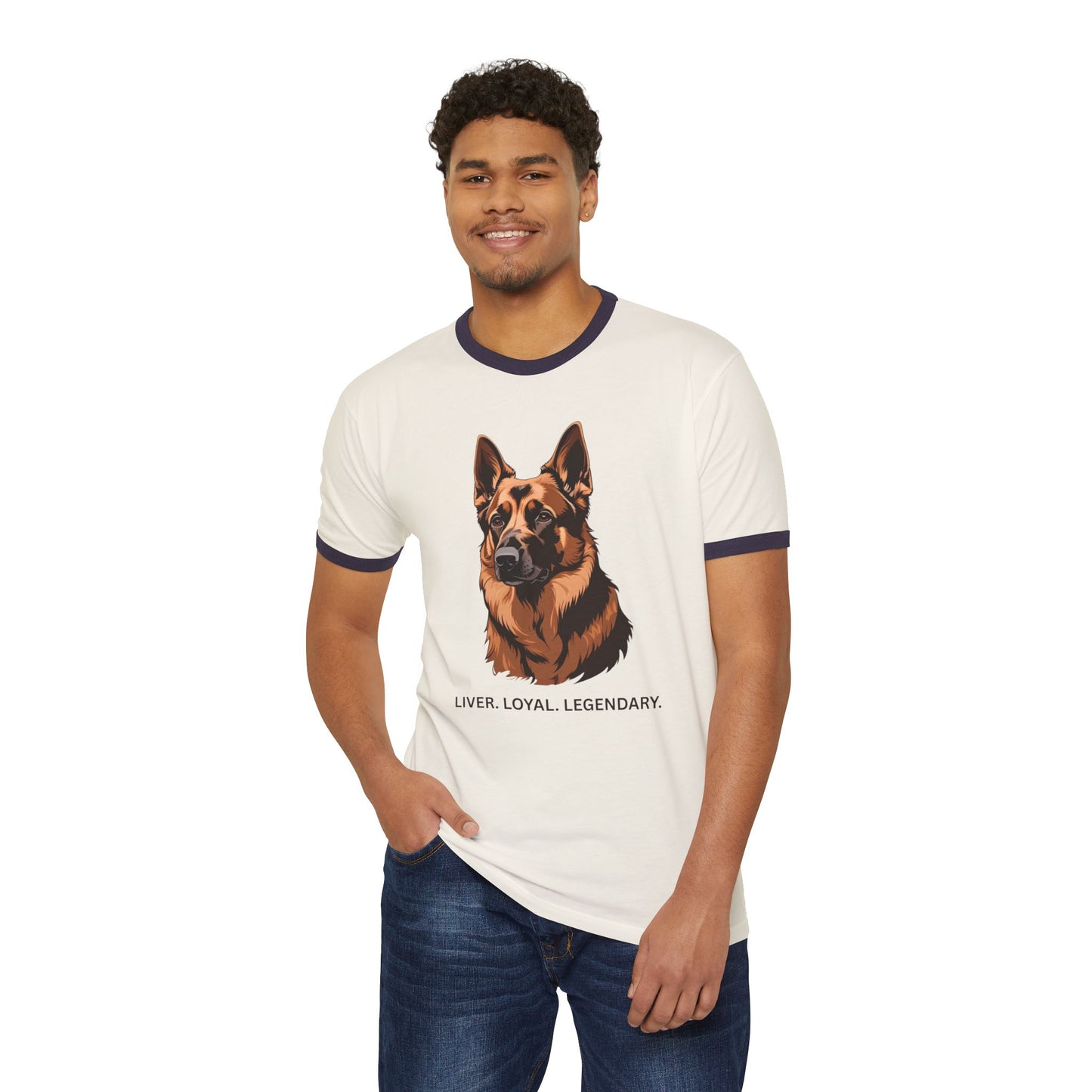 Liver German Shepherd Ringer Tee - Liver Loyal Legendary, Unisex Cotton T-Shirt for Dog Lovers, Pet Owner Gift, Casual Wear, Birthday Present, Animal Enthusiast Apparel