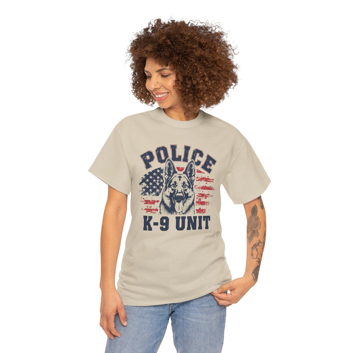 Patriotic Police K-9 Unit T-Shirt With American Flag in Background, Unisex Heavy Cotton Tee