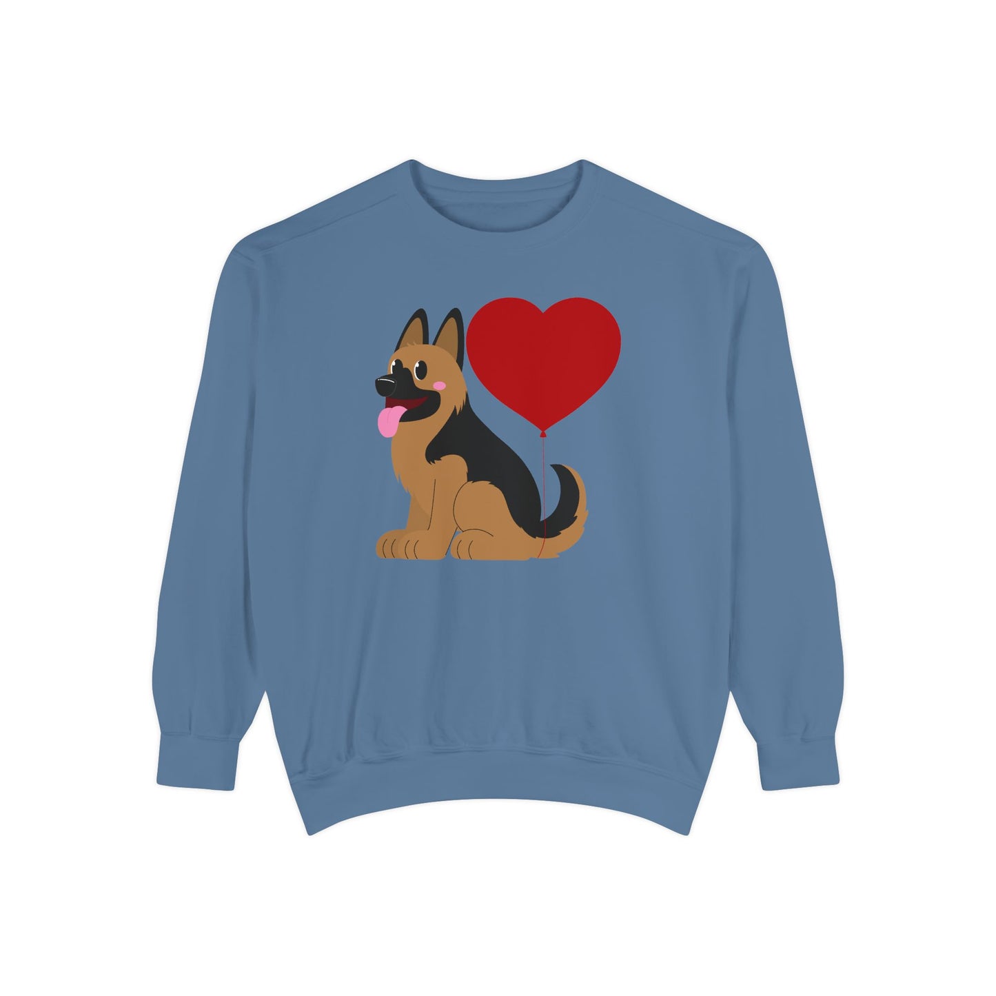 Unisex Dog Lover Sweatshirt With a Graphic of German Shepherd Puppy and Heart Shaped Balloon Attached With Tail