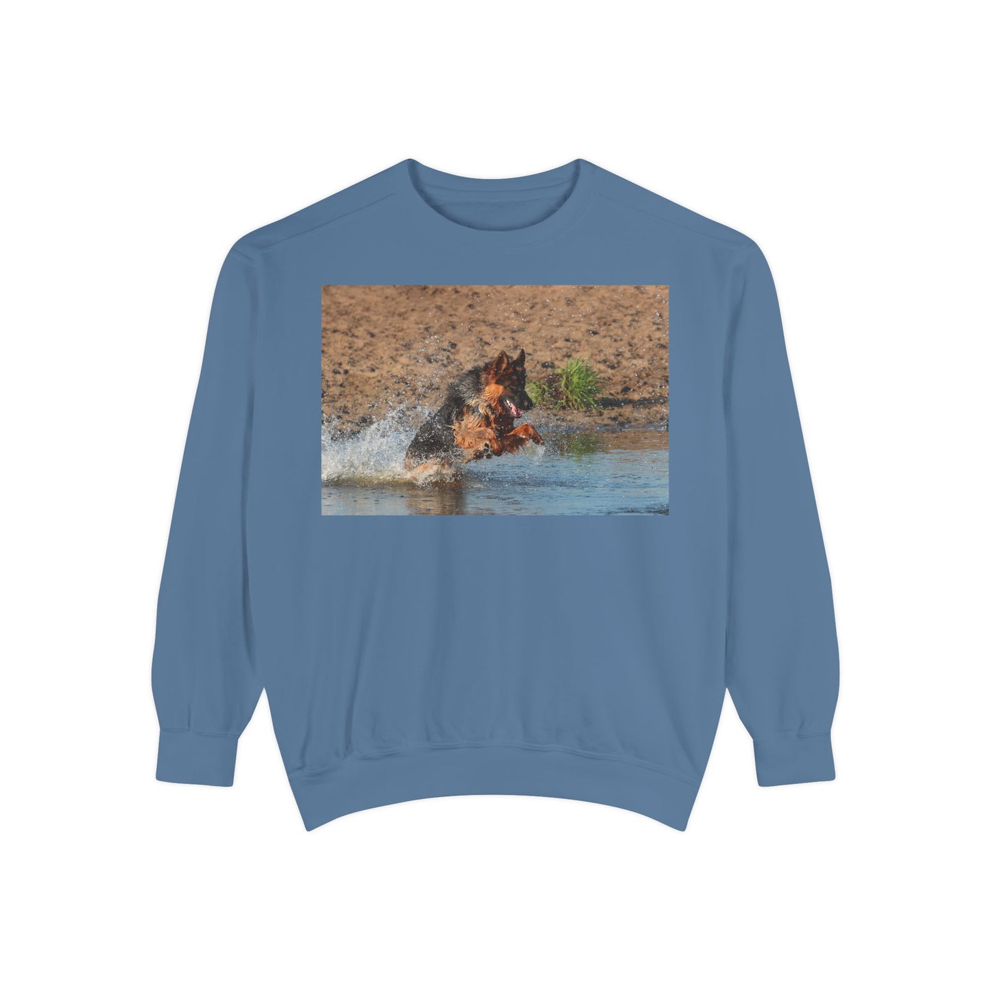 Unisex Dog Lover Sweatshirt With a Long Coat German Shepherd Jumps in the River