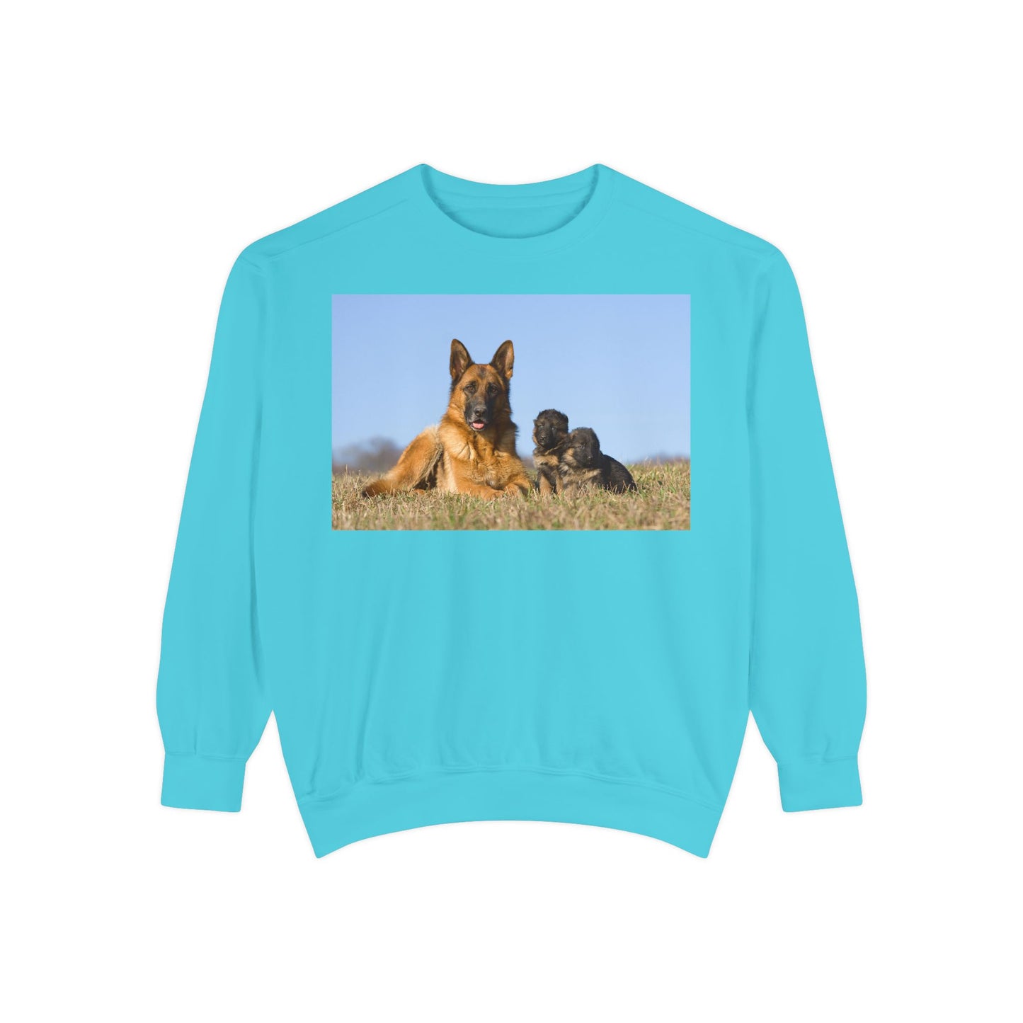 Unisex Dog Lover Sweatshirt With a German Shepherd Lying on the Grass With Two Puppies