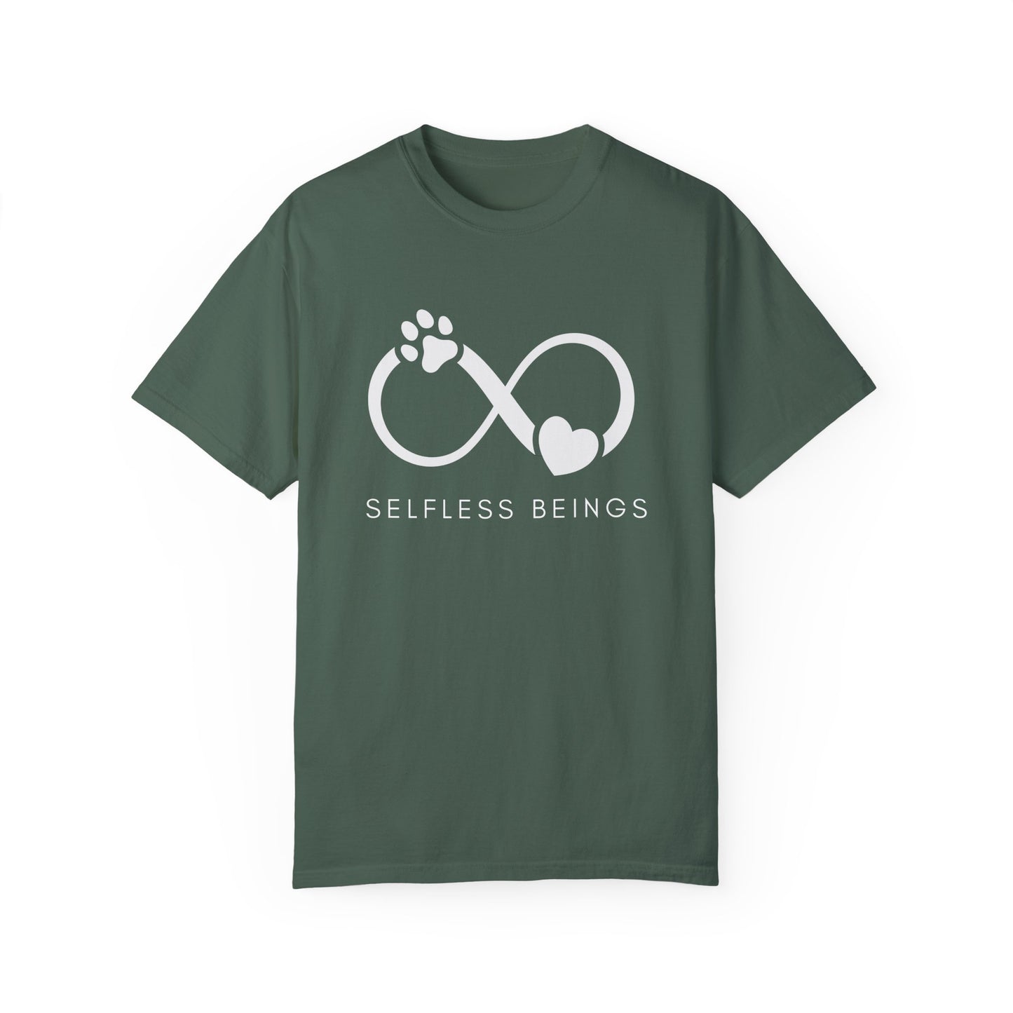 Unisex Dog Lover T-Shirt With Paw Print and Heart on Infinity Symbol and Caption Selfless Beings Below