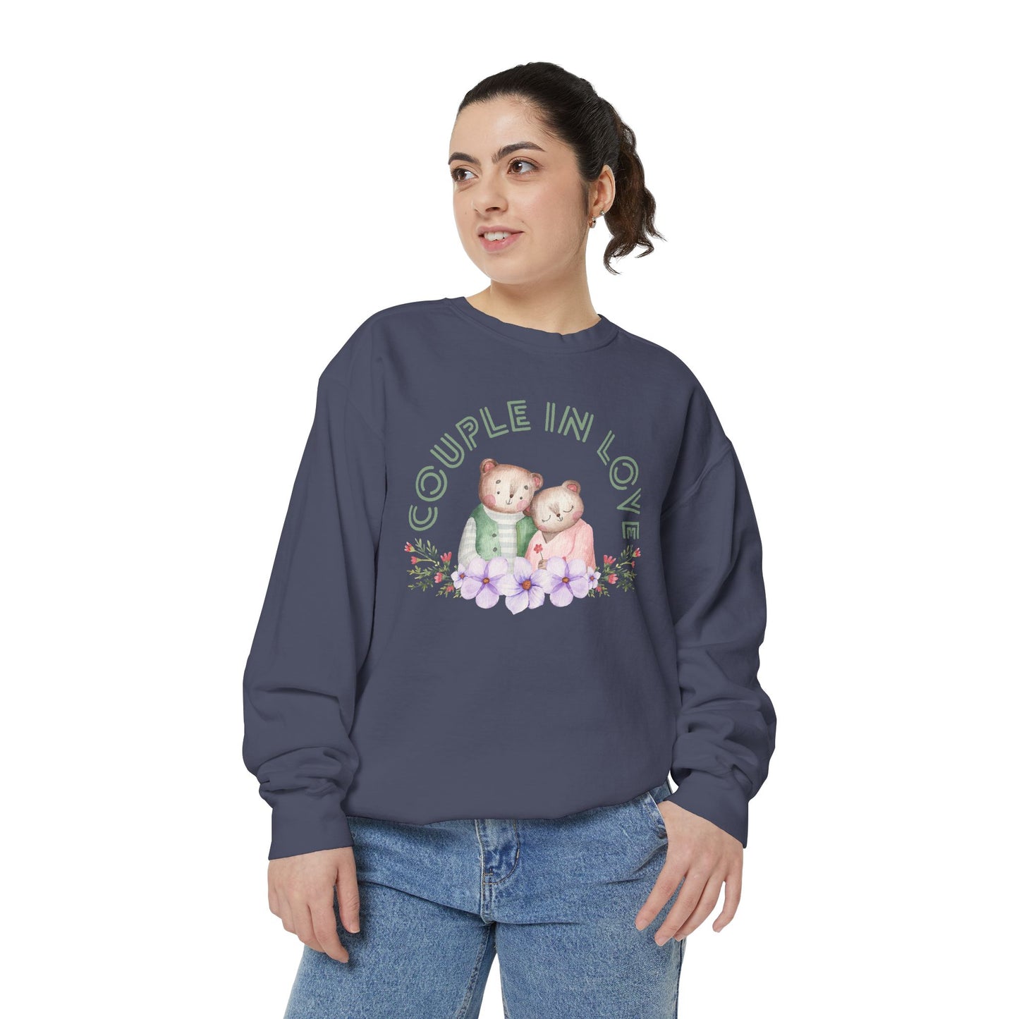 Unisex Valentine's Day Sweatshirt With Two Teddy Bears On Flowers and Caption Couple In Love