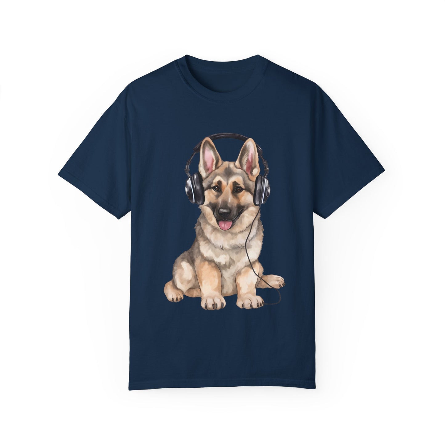 Unisex Dog Lover T-Shirt With a Graphic of German Shepherd Wearing Headphones Enjoying Music
