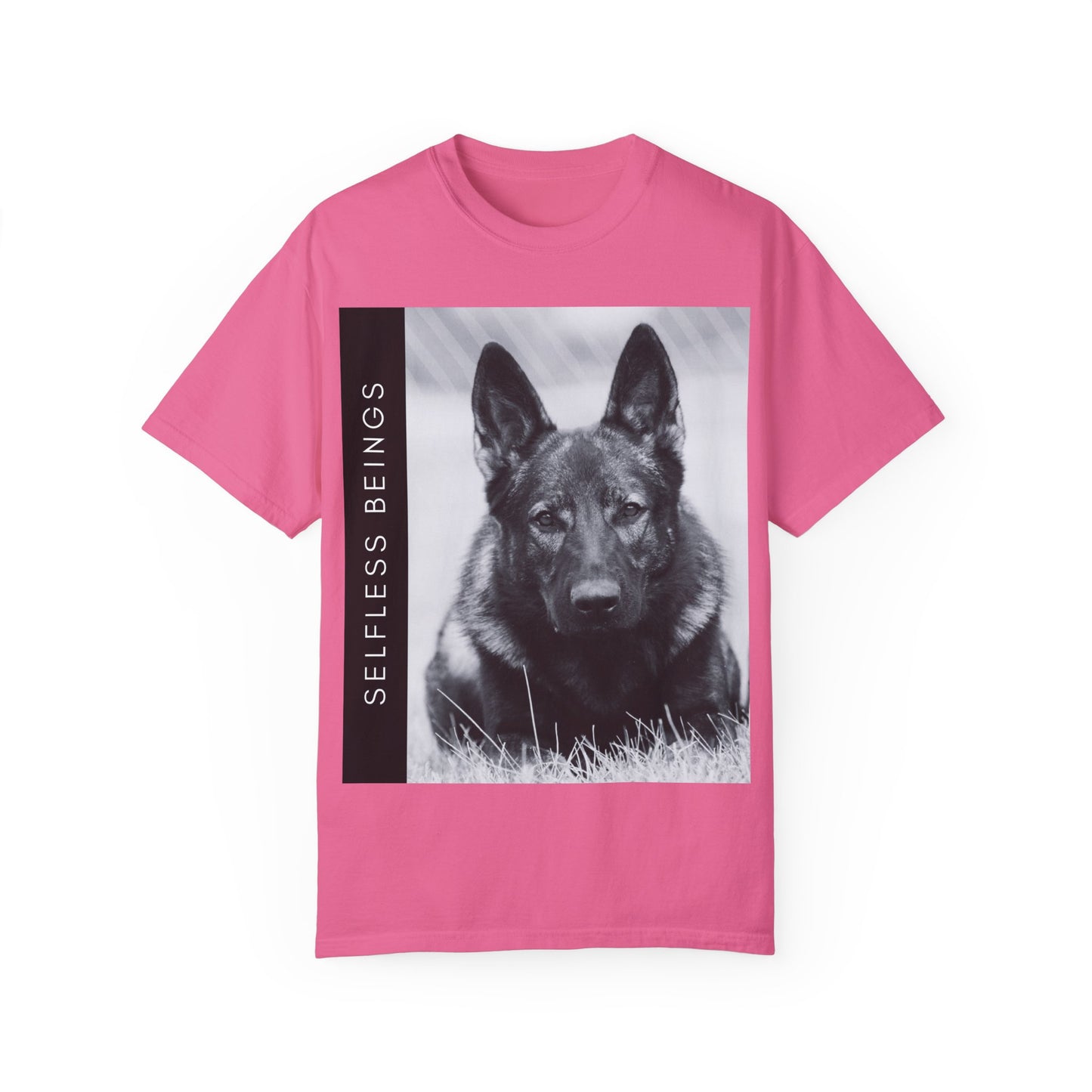Unisex Dog Lover T-Shirt With a Working Line German Shepherd Resting on the Grass and Caption Selfless Beings