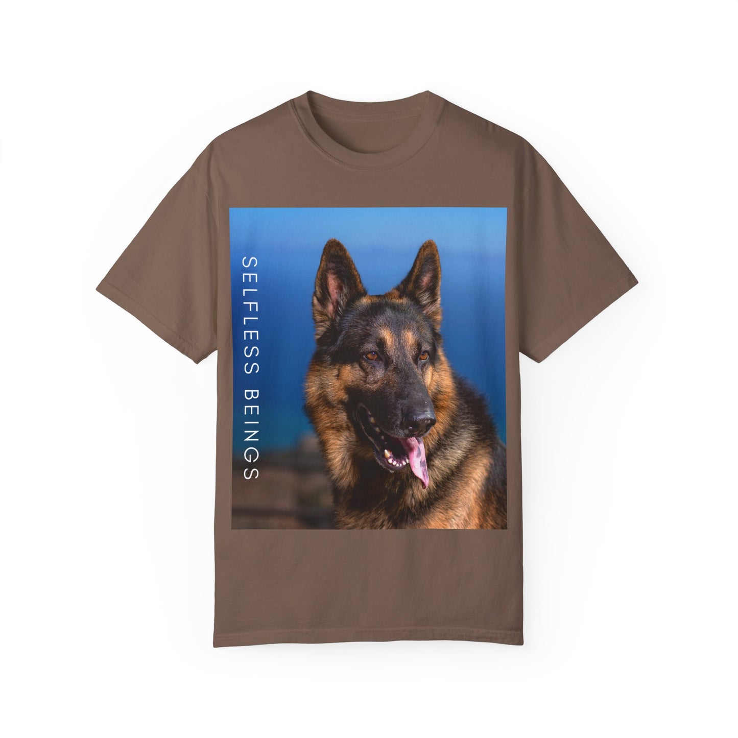 Unisex Dog Lover T-Shirt With Close Up of German Shepherd, Blue Sea in the Background and Caption Selfless Beings