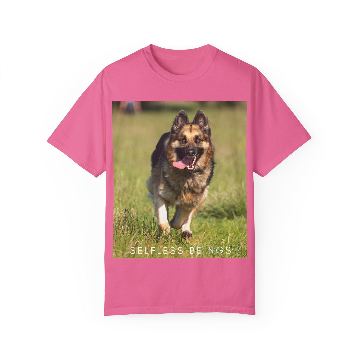 Unisex Dog Lover T-Shirt With Beautiful German Shepherd Running on the Field Leaving Tongue Out and Caption Selfless Beings