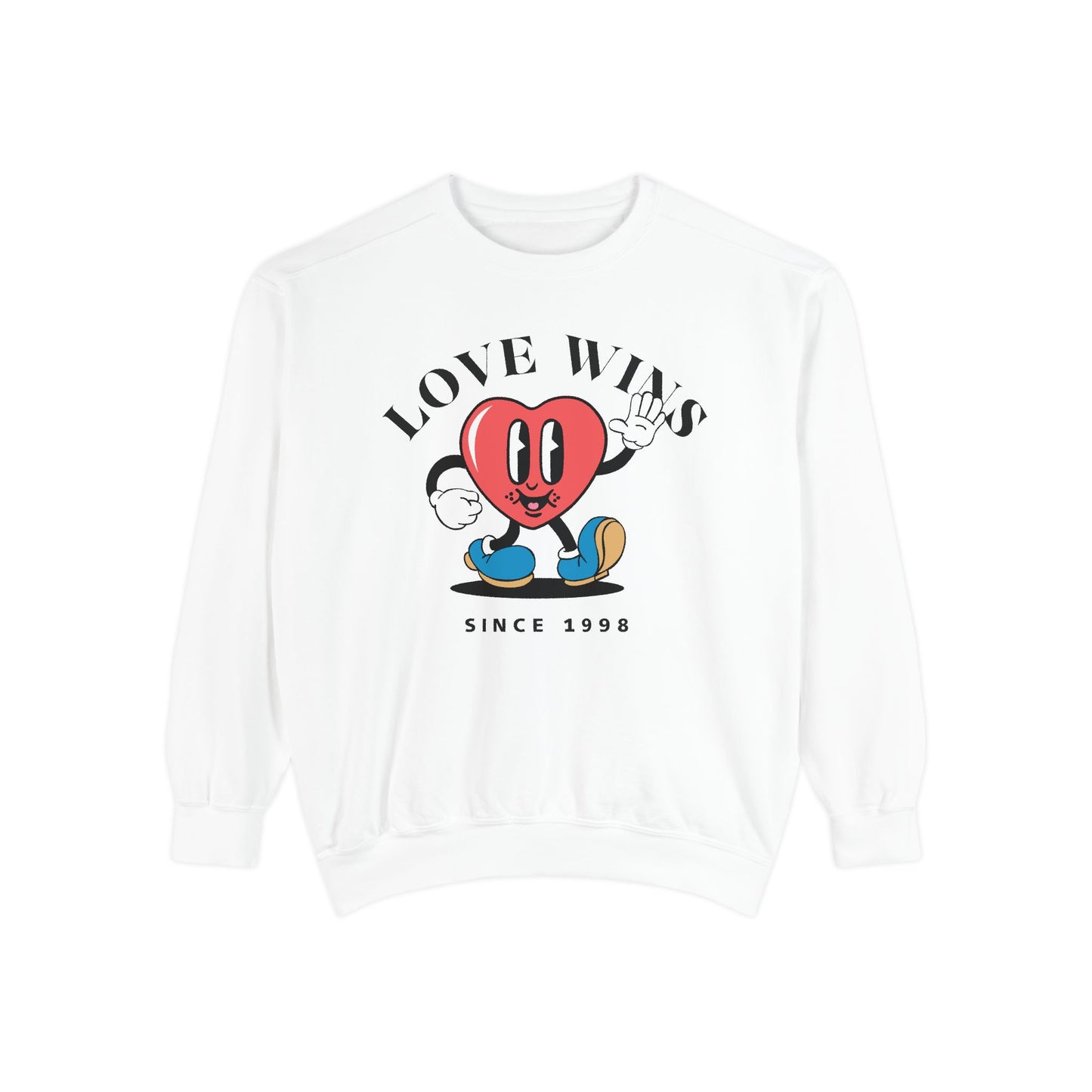 Unisex Valentine's Day Vintage Sweatshirt With a Heart Character and Caption Love Wins