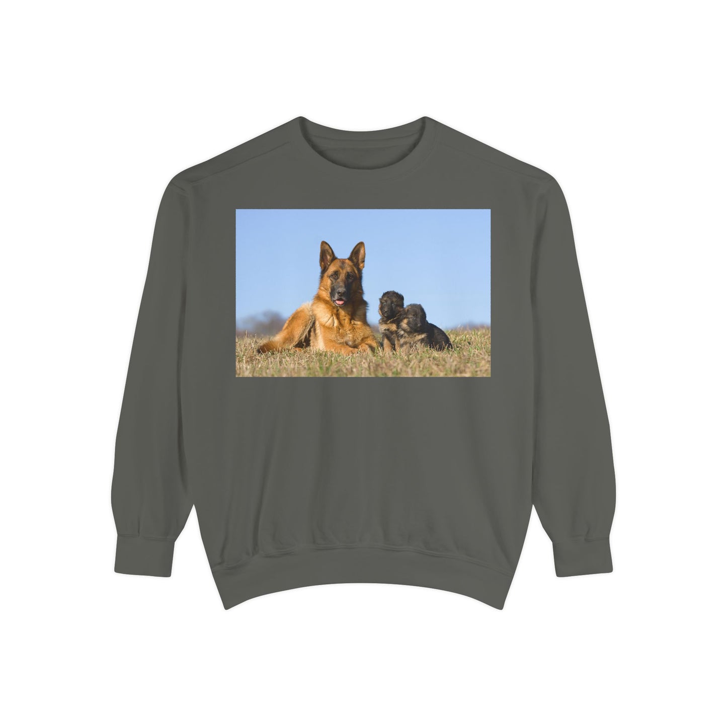Unisex Dog Lover Sweatshirt With a German Shepherd Lying on the Grass With Two Puppies