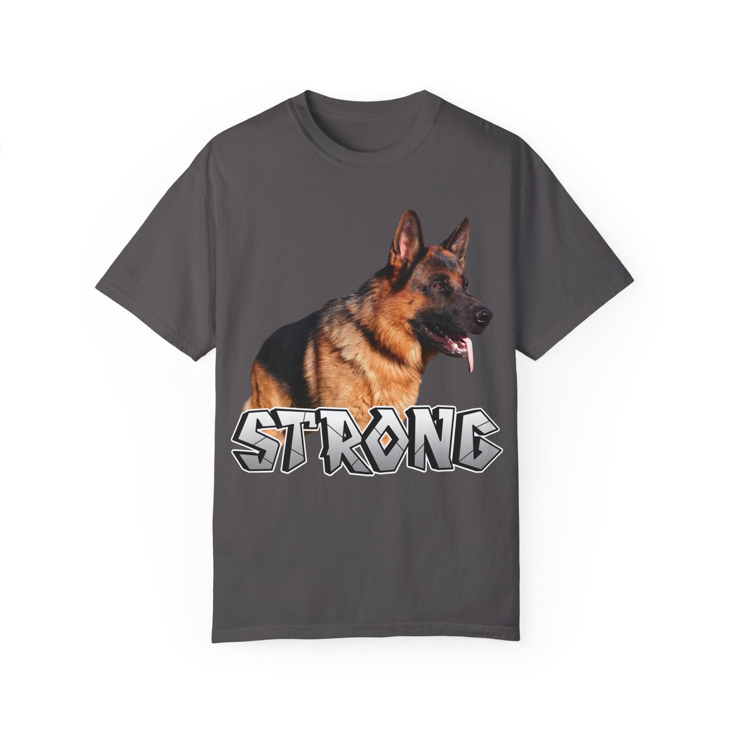 Unisex T-Shirt With German Shepherd Leaving Tongue Out Standing for a Pose and Text STRONG