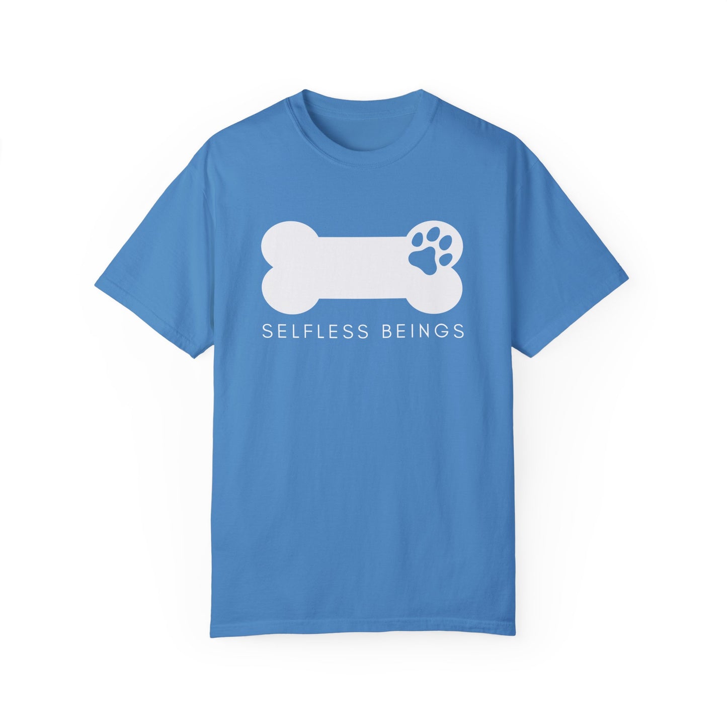 Unisex Dog Lover T-Shirt With Dog's Paw Print Inside a Bone and Caption Selfless Beings
