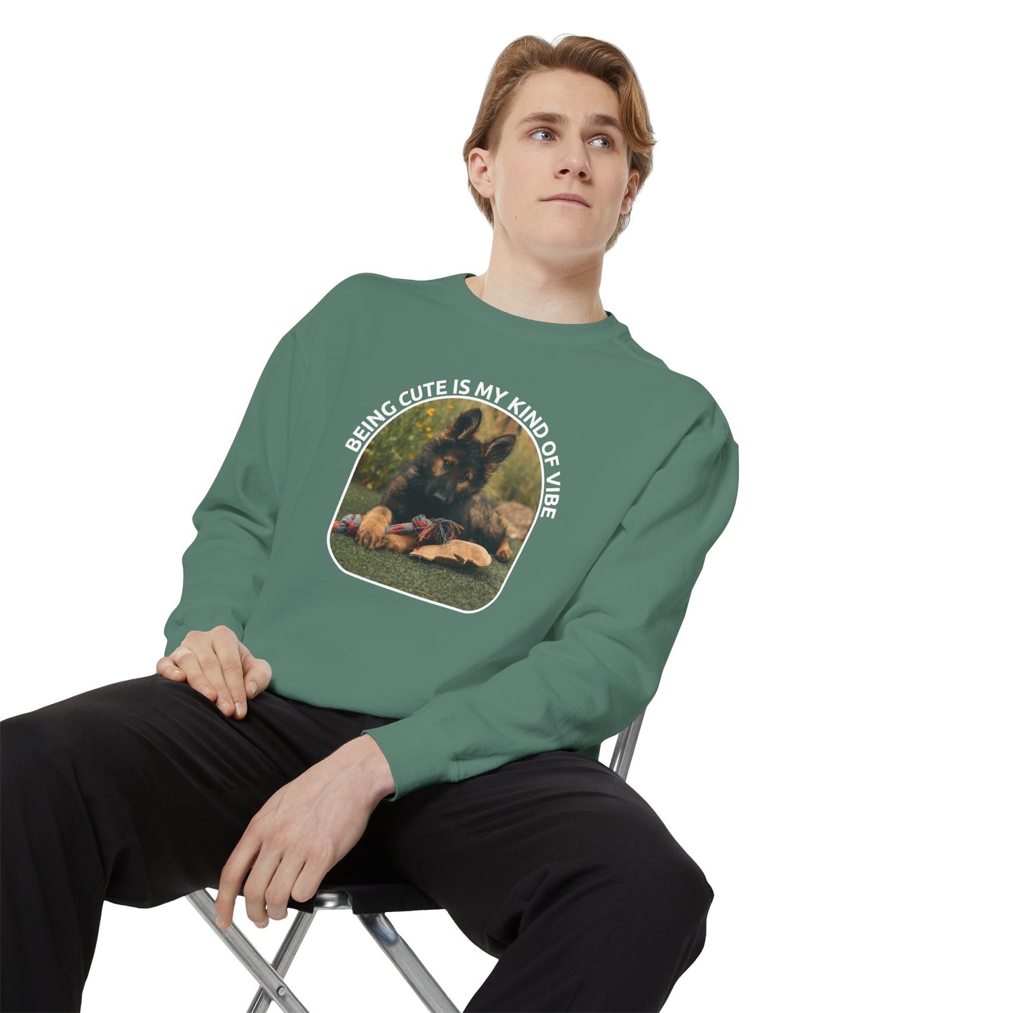 Unisex Dog Lover Sweatshirt With a German Shepherd Puppy and Caption Being Cute is My Kind of Vibe