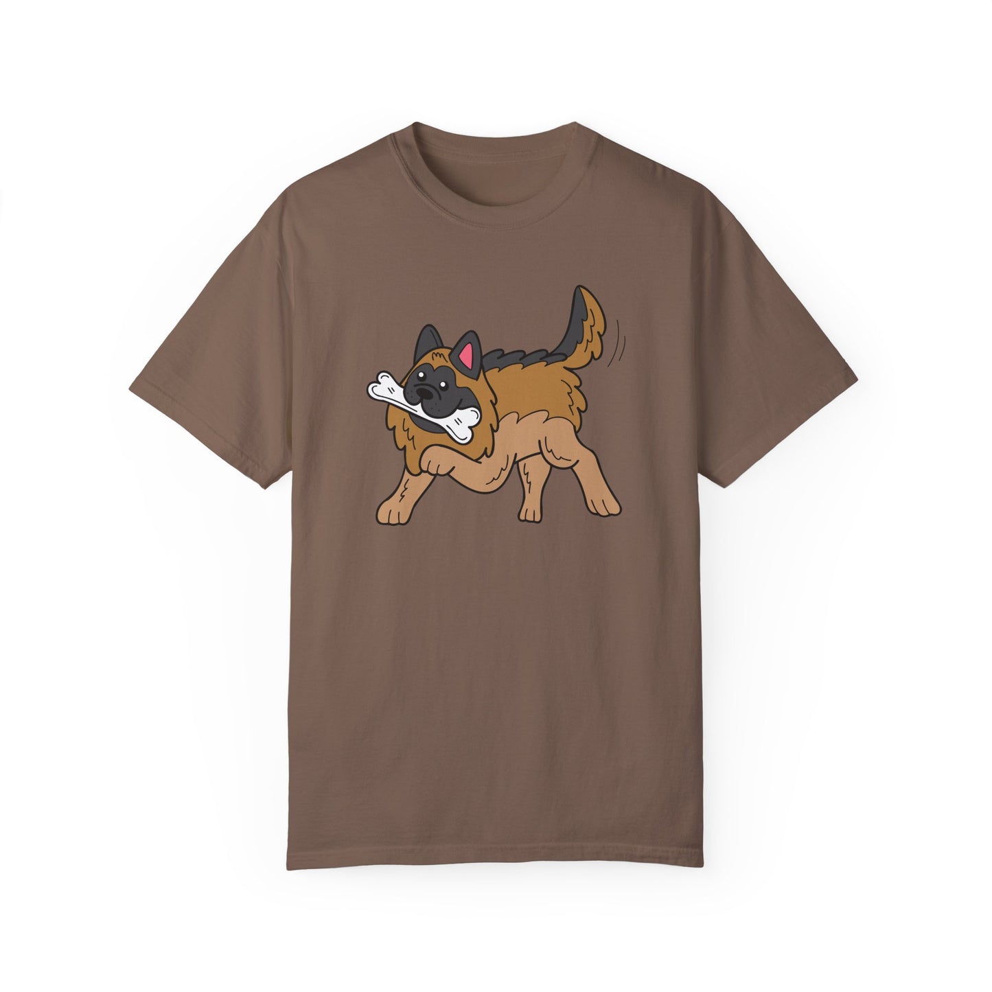 Unisex Dog Lover T-Shirt With a Graphic of a German Shepherd Holding a White Bone in Mouth