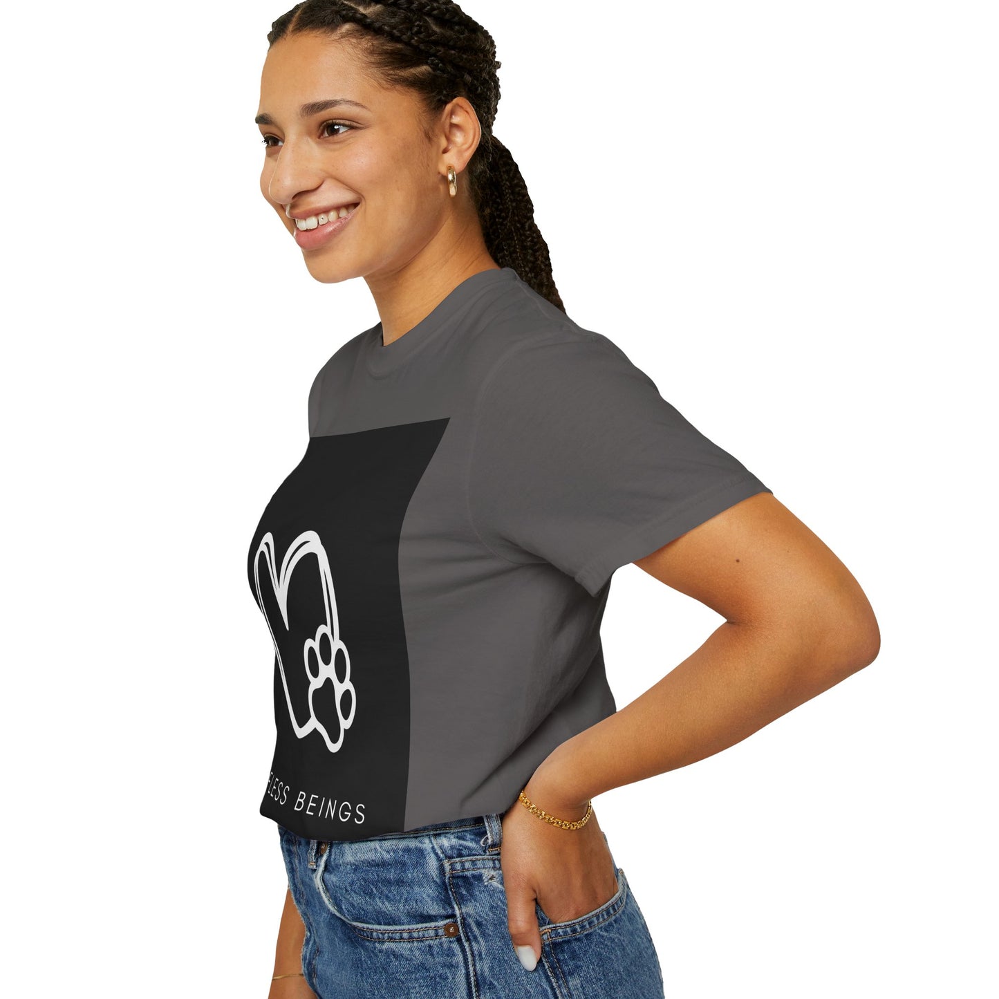Unisex Dog Lover T-Shirt With White Heart and Dog's Paw Print on Right Side and Caption Selfless Beings