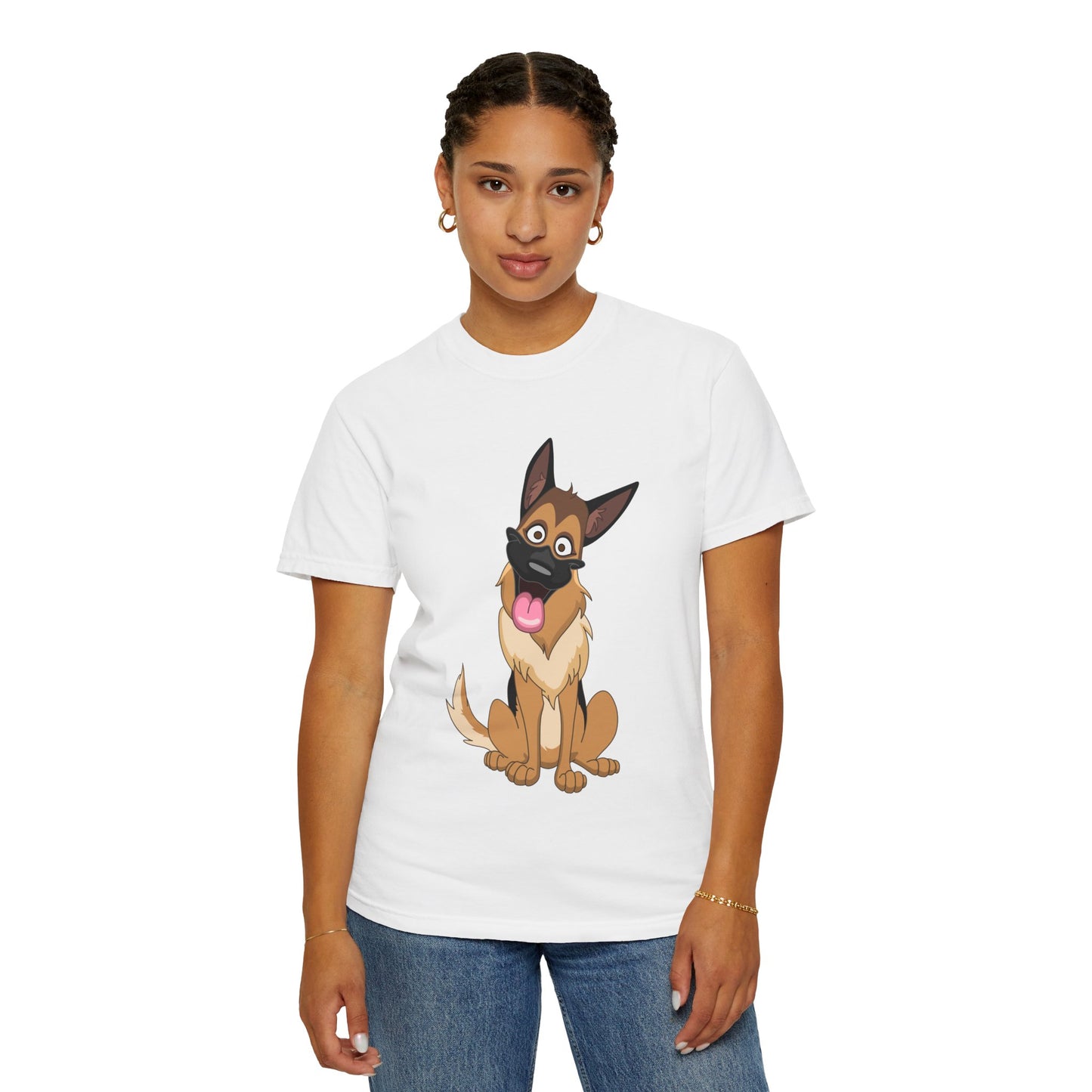 Unisex Dog Lover T-Shirt With Funny Cartoon of Tan Color German Shepherd