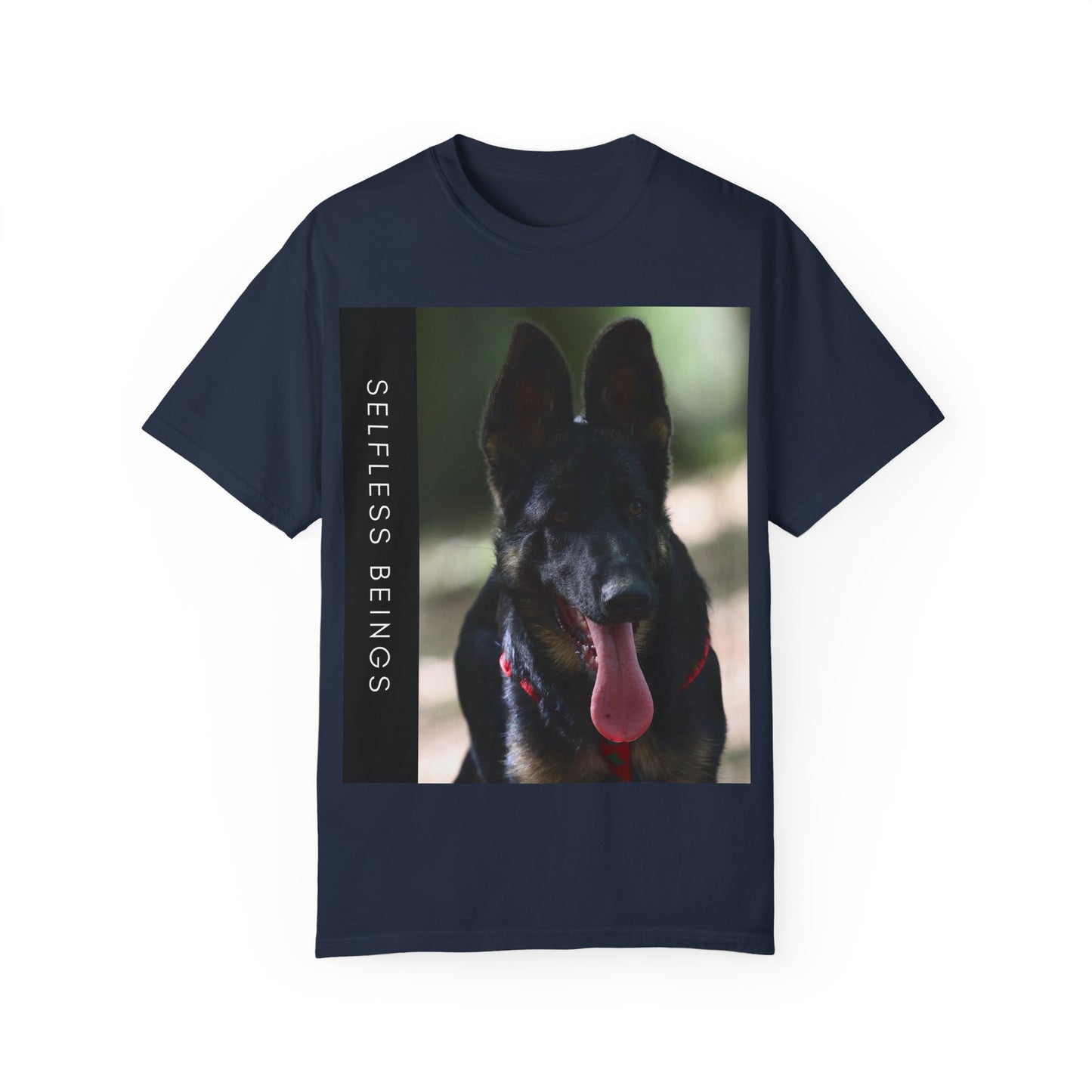 Unisex Dog Lover T-Shirt With Close Up Portrait of Slim German Shepherd Leaving His Tongue Out and Caption Selfless Beings