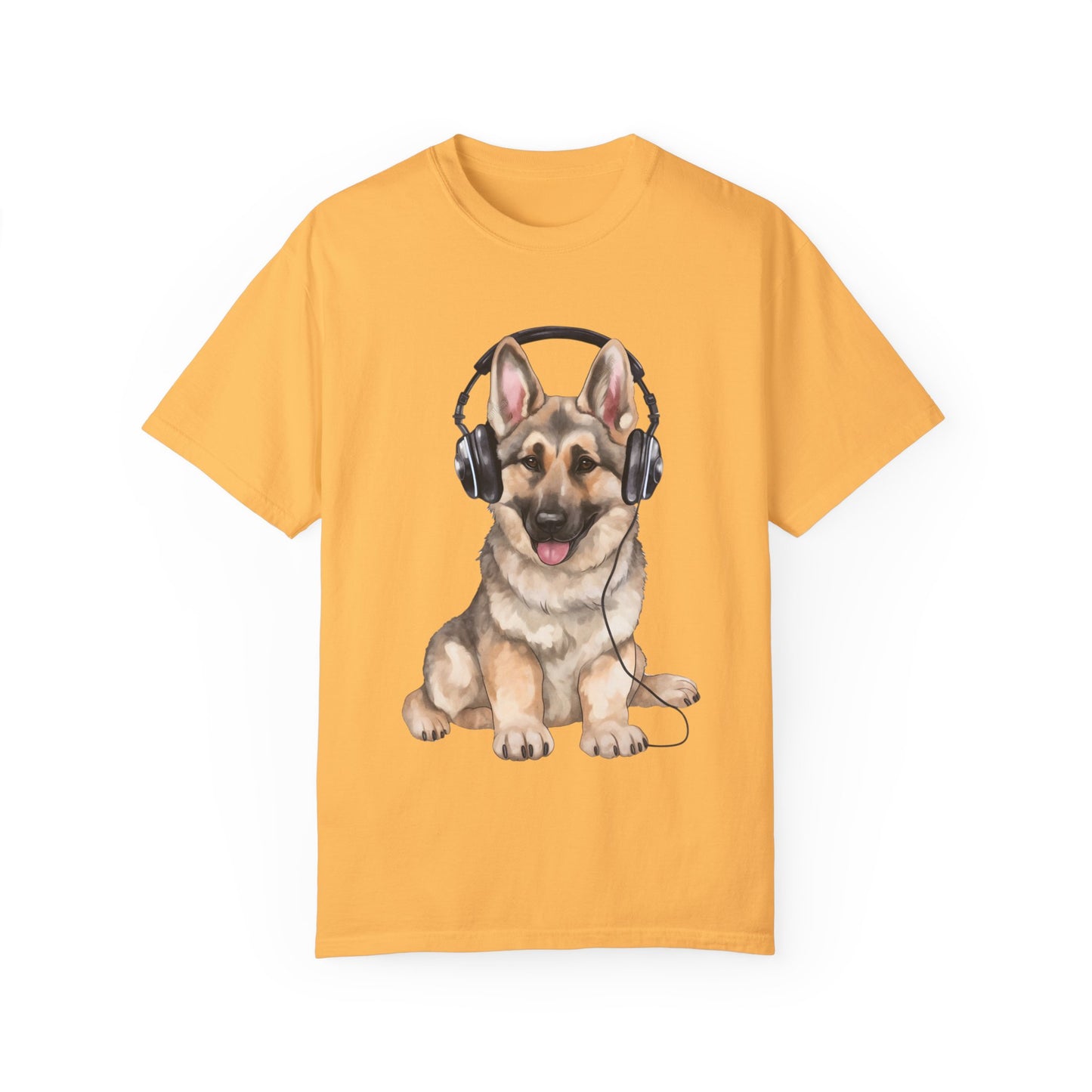 Unisex Dog Lover T-Shirt With a Graphic of German Shepherd Wearing Headphones Enjoying Music