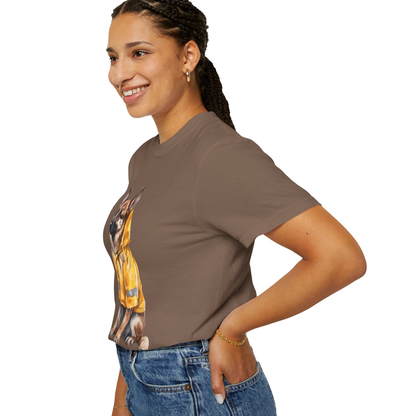 Unisex Dog Lover T-Shirt With a Graphic of German Shepherd Wearing a Yellow Rain Coat