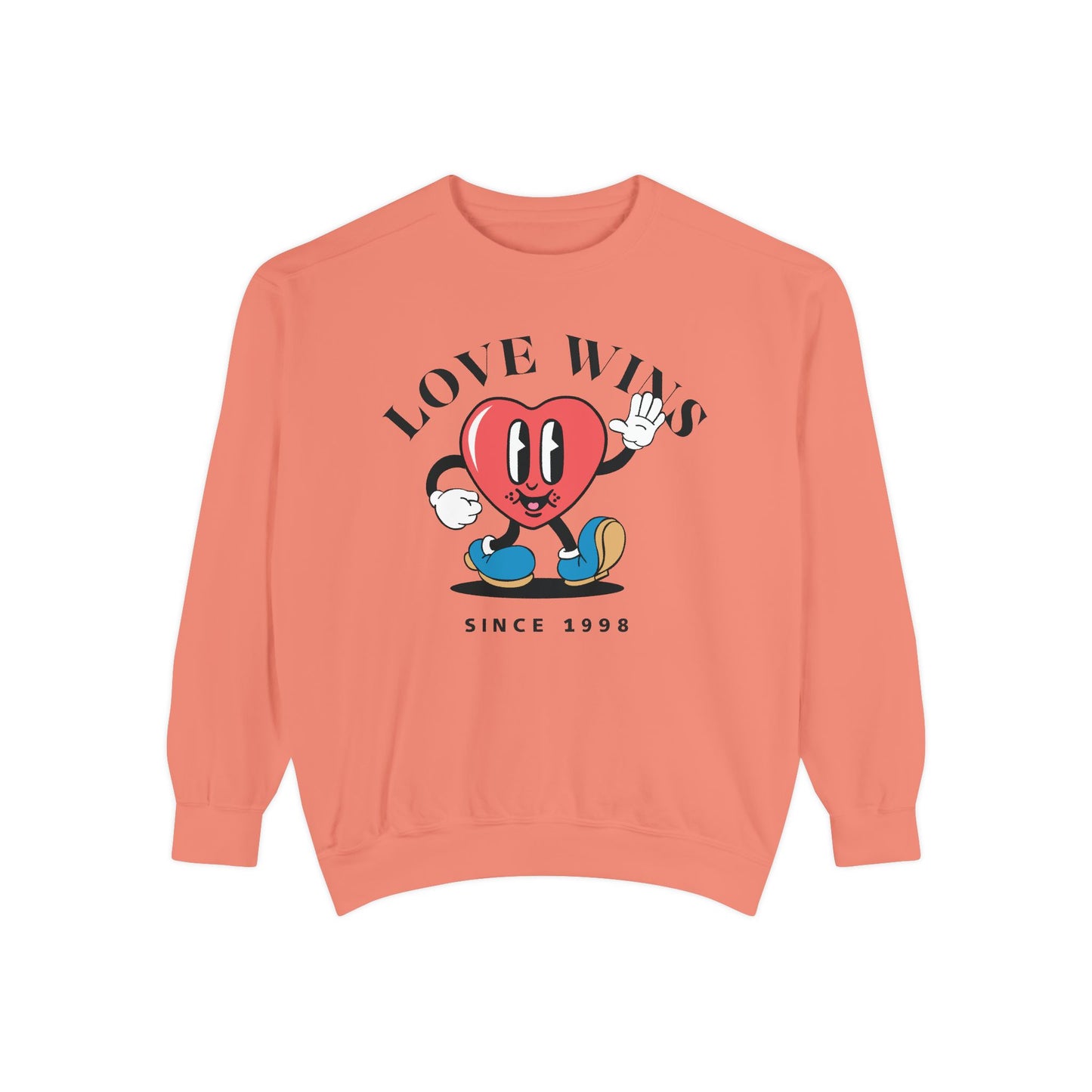 Unisex Valentine's Day Vintage Sweatshirt With a Heart Character and Caption Love Wins