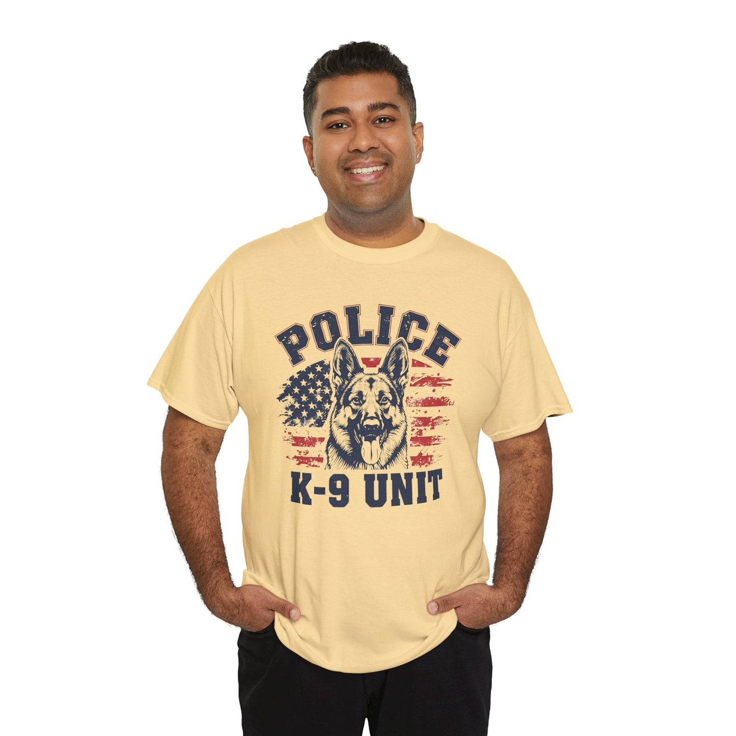 Patriotic Police K-9 Unit T-Shirt With American Flag in Background, Unisex Heavy Cotton Tee