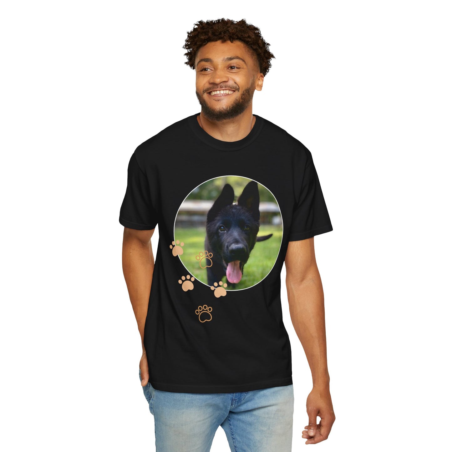 Unisex Dog Lover T-Shirt With Black German Shepherd Puppy Walking on Grass Leaving Tongue Out and Paw Icons