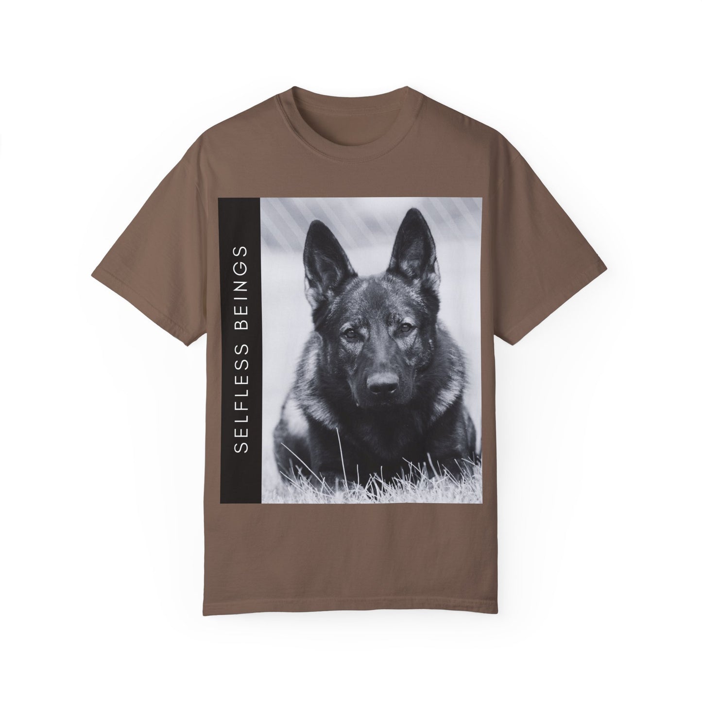Unisex Dog Lover T-Shirt With a Working Line German Shepherd Resting on the Grass and Caption Selfless Beings