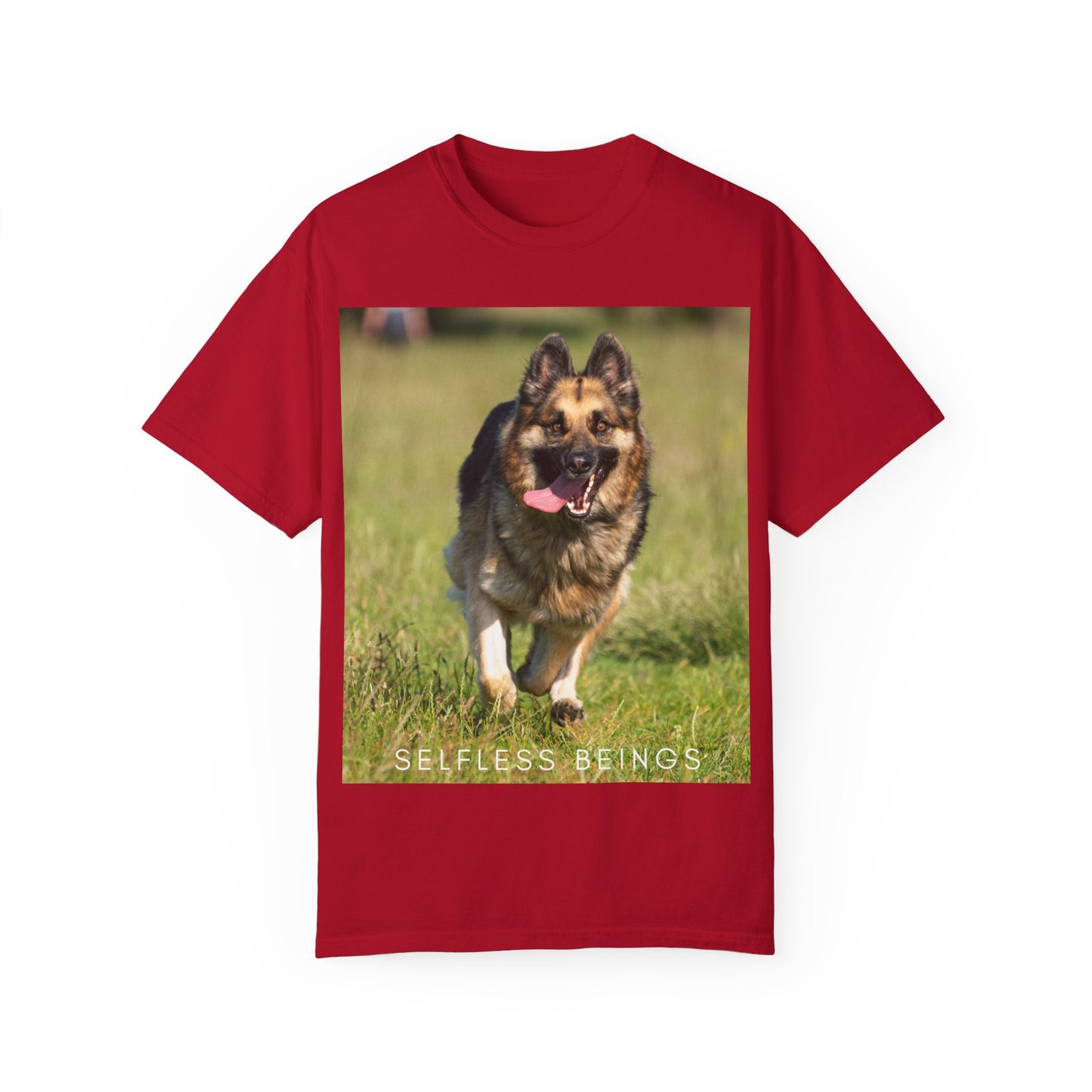 Unisex Dog Lover T-Shirt With Beautiful German Shepherd Running on the Field Leaving Tongue Out and Caption Selfless Beings