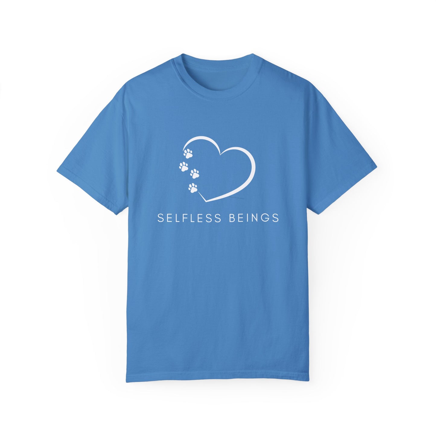 Unisex Dog Lover T-Shirt With White Tilted Heart Whose One Side is Made With Dog Paw Prints and Caption Selfless Beings