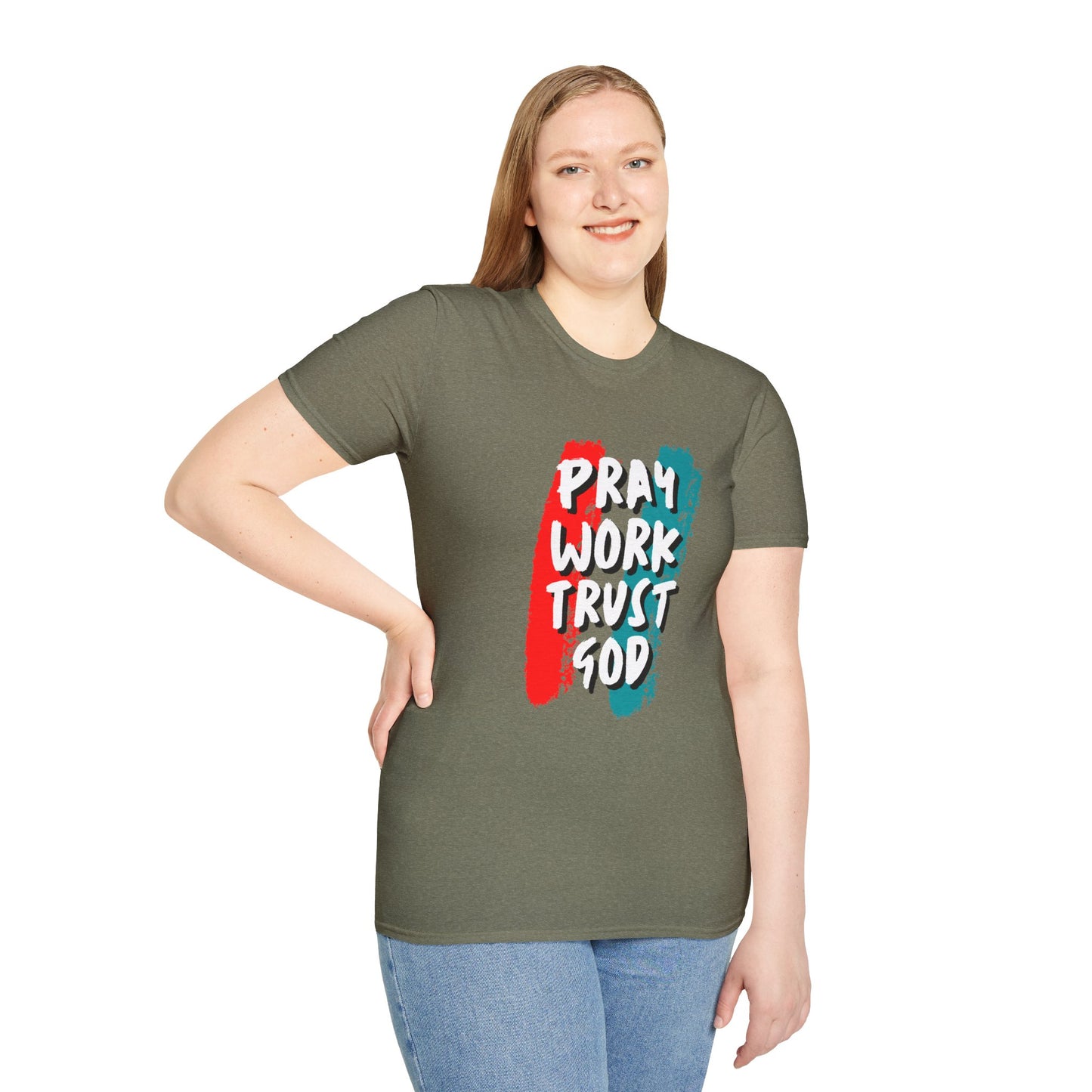 Inspiration Unisex T-Shirt - Pray, Work, Trust God, Motivational Tee, Faith-Based Apparel, Casual Wear, Gift for Believers, Christian Clothing
