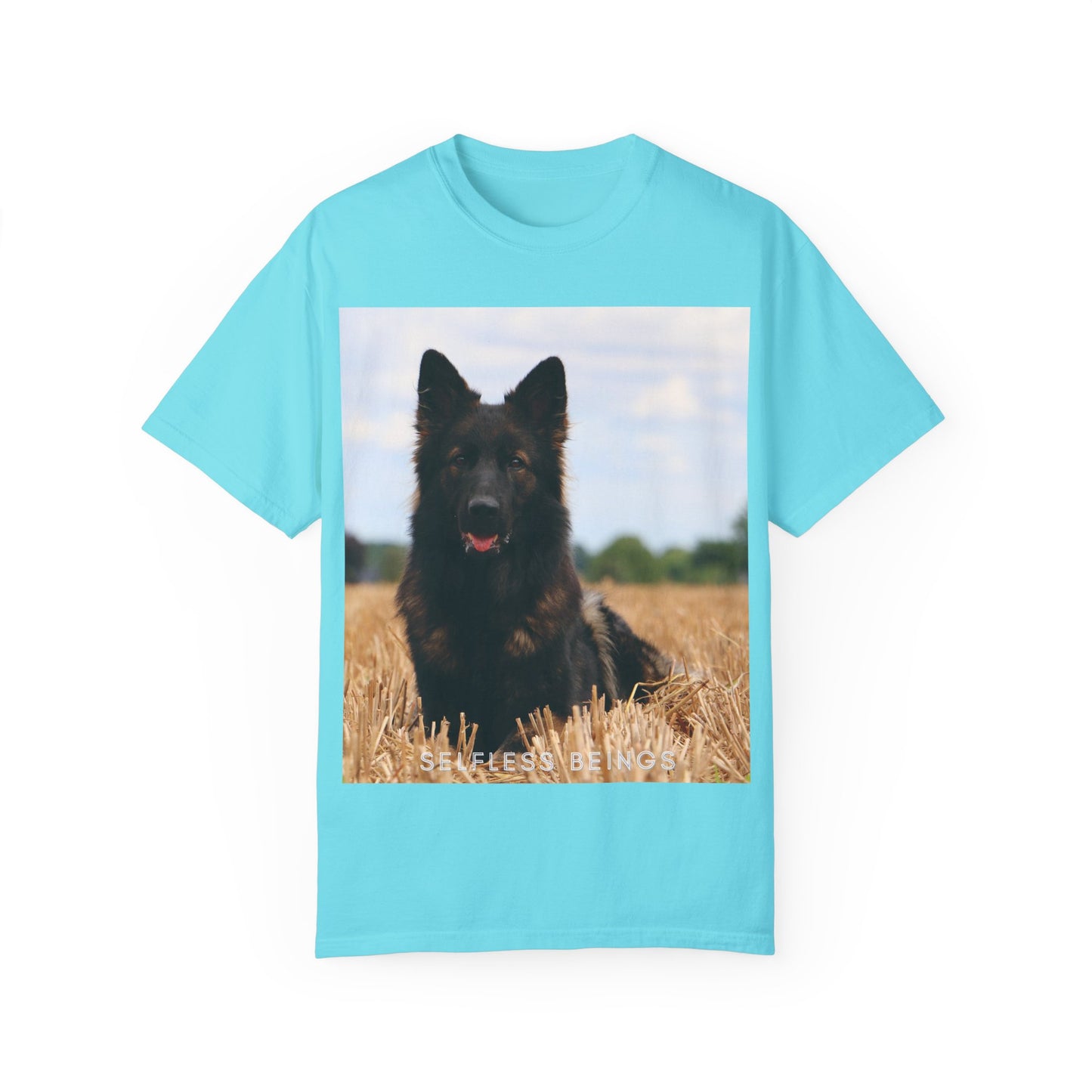 Unisex Dog Lover T-Shirt With Beautiful German Shepherd Sitting Over a Stover and Caption Selfless Beings