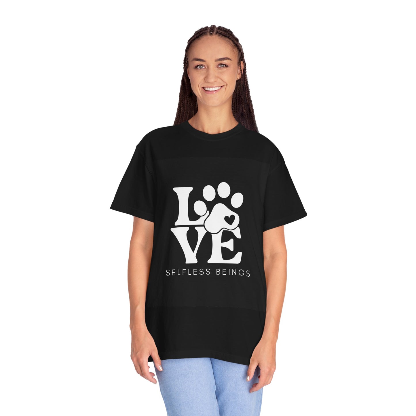 Unisex Dog Lover T-Shirt With Graphic of Love Dog-Paw and Caption Selfless Beings