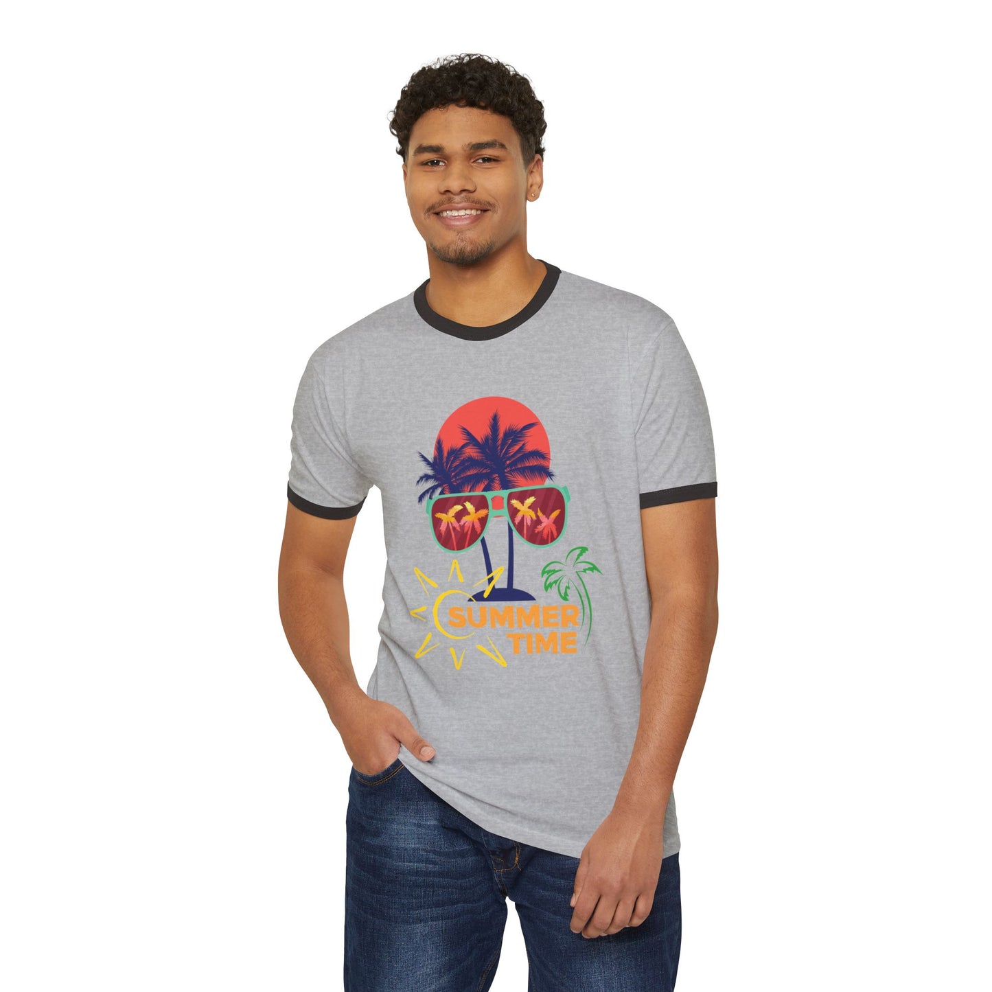 Summer Vibes Unisex Cotton Ringer T-Shirt, Fun Tropical Tee, Beachwear, Vacation Shirt, Gift for Him/Her, Summer Time Design