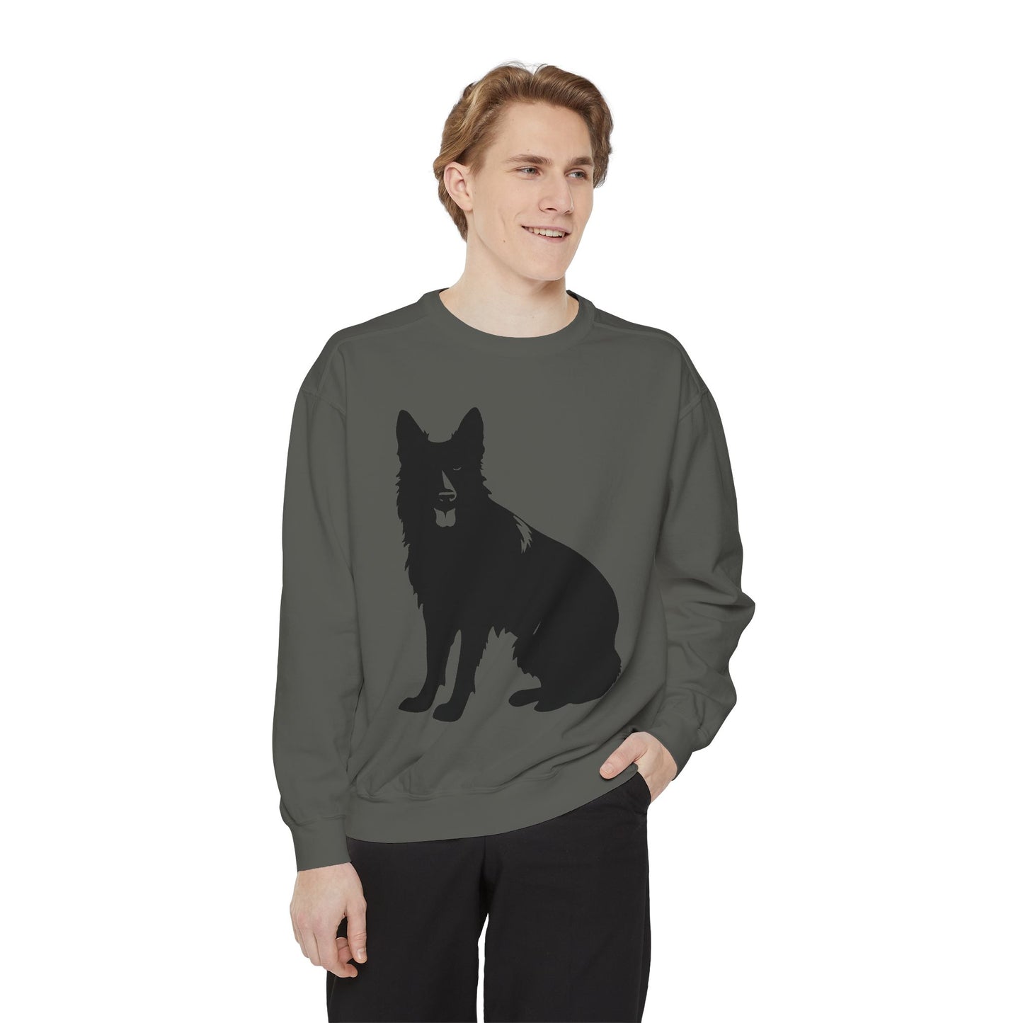 Unisex Dog Lover Sweatshirt With Graphic of Black German Shepherd With Hanging Tongue Sloppily Sitting