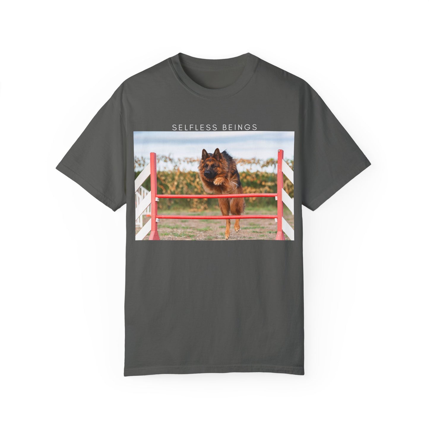 Unisex Dog Lover T-Shirt With a German Shepherd Jumping an Agility Fence Outdoor and Caption Selfless Beings