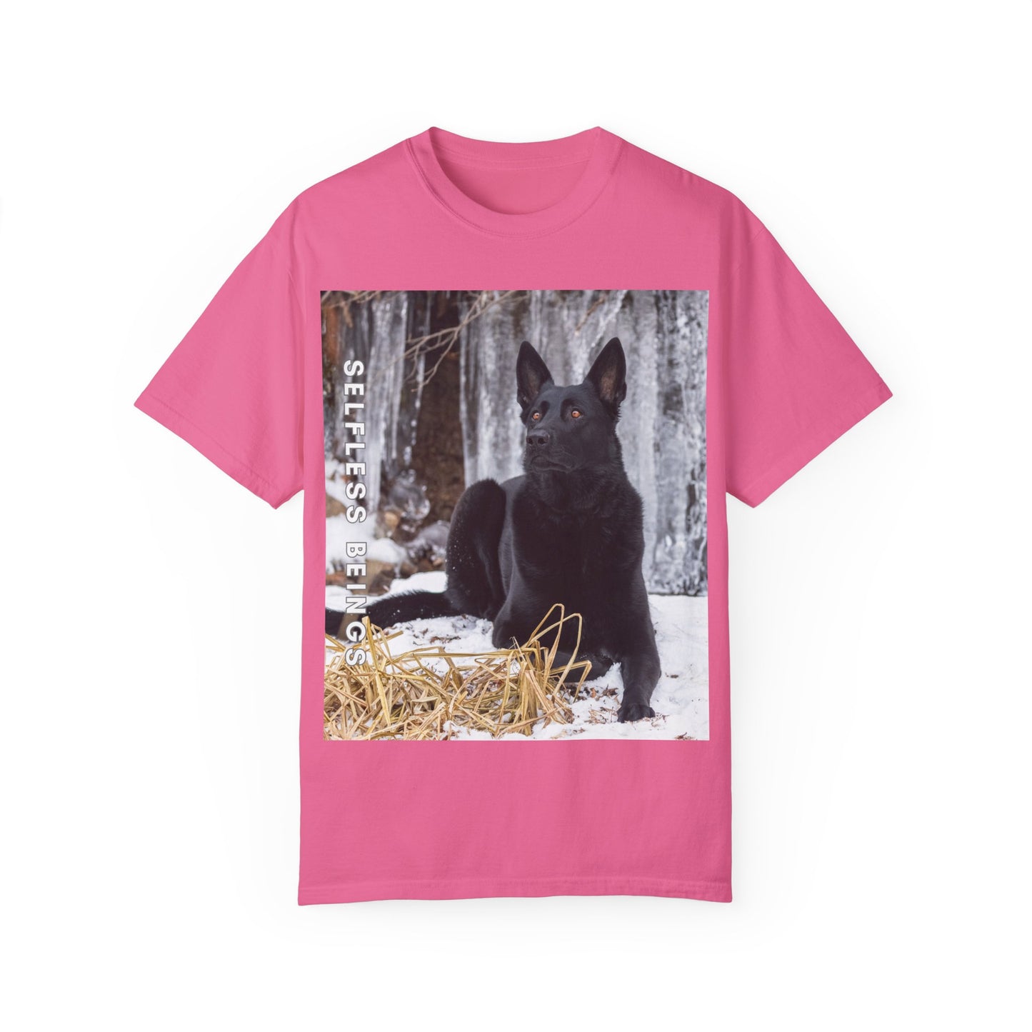 Unisex Dog Lover T-Shirt With Solid Black German Shepherd Sitting on the Snow, Ice Spikes in the Background and Caption Selfless Beings